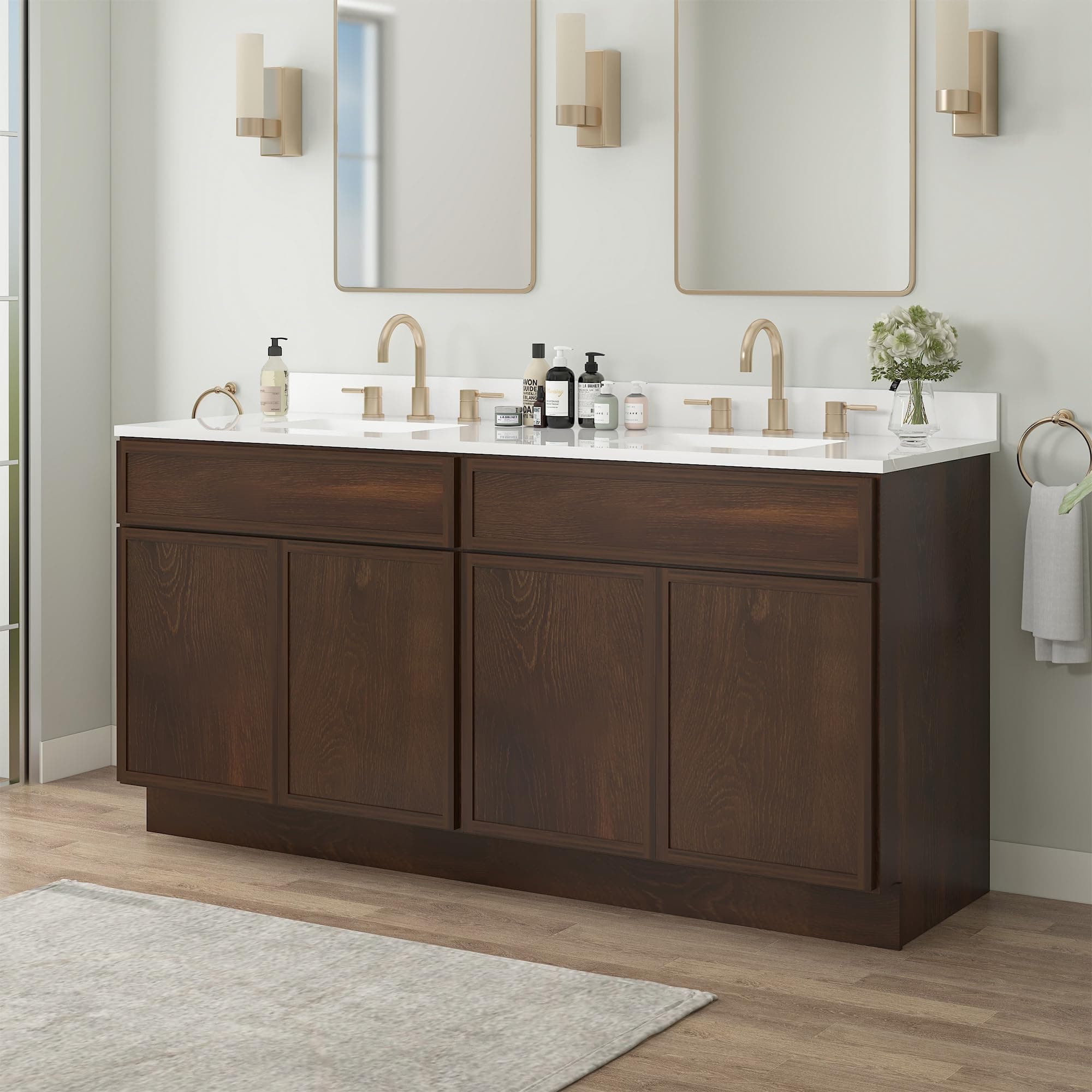 Vanity Art 66 Inch Bathroom Vanity Base Cabinet Double Sink Top (Without Sink), Soft Closing Door, Storage Unassembled Cabinet, Brown, 2ea 33 Inch Cabinet Combo