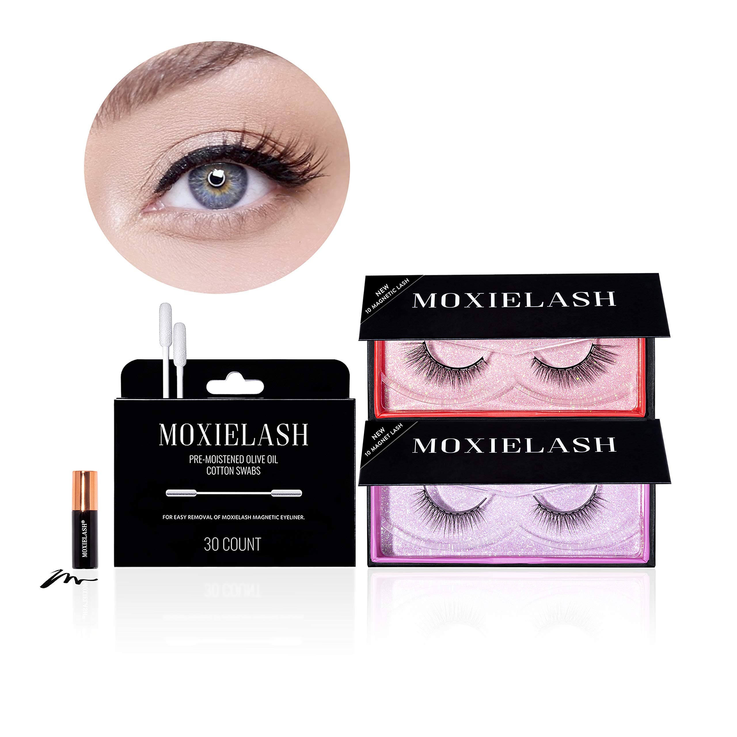MoxieLash - Round Eyes Bundle - Mini Liquid Magnetic Eyeliner, Two Sets of Natural Magnetic Lashes and Eyeliner Remover Swabs - Classy and Wifey Lash Sets - Up to 60 Wears