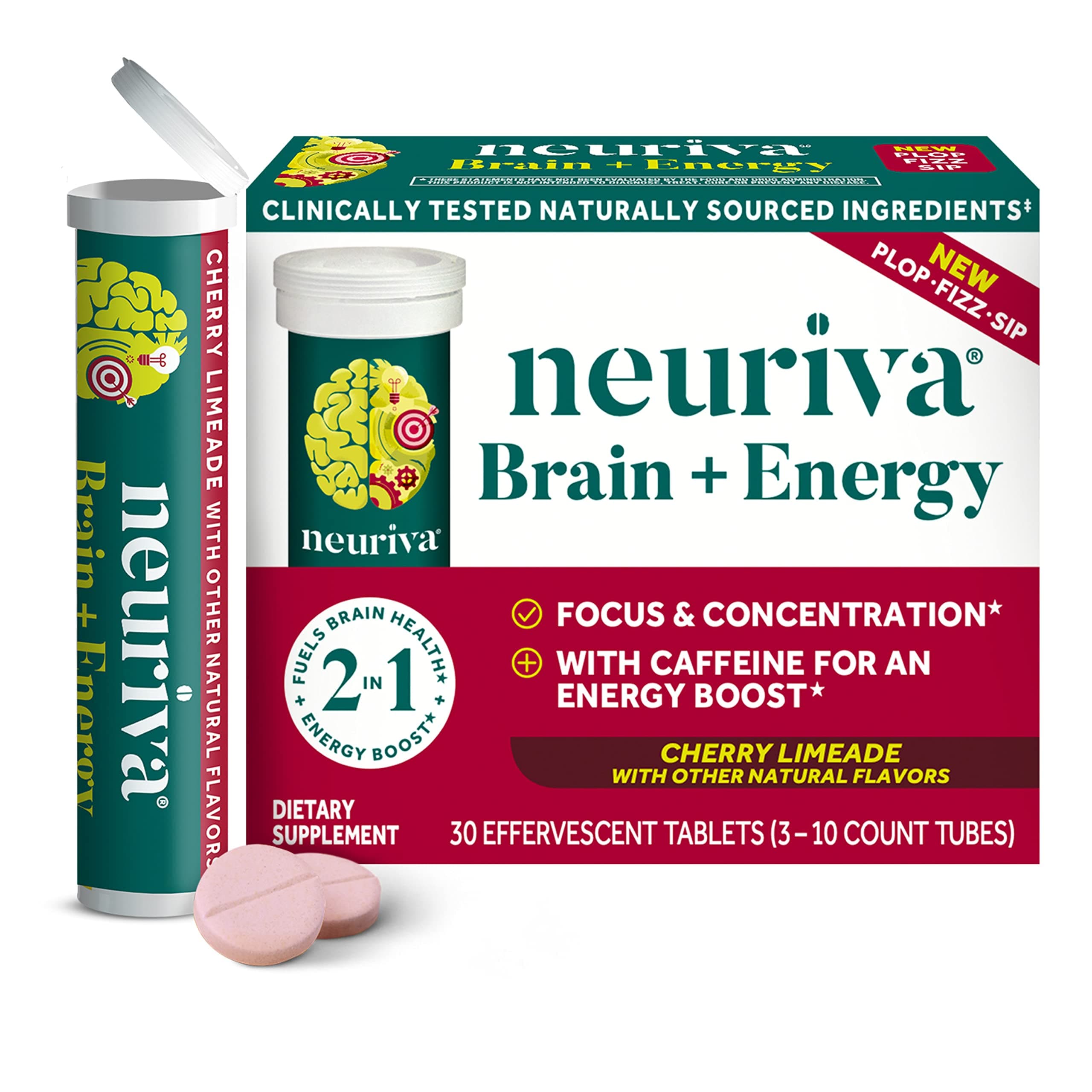 NEURIVA Brain + Energy Supplement with Clinically Tested Neurofactor For Focus & Concentration, Vitamin B12, & 150mg of Caffeine For An Immediate Energy Boost, 30ct Cherry Limeade Effervescent Tablets