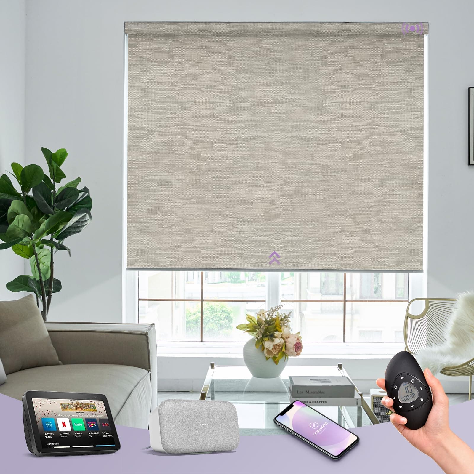 Motorized Roller Shades 100% Blackout Free Stop Window Shades Cordless Wireless Remote Control Window Roller Blinds with Valance for Smart Home and Office, Customized Size, Jacquard Coffee