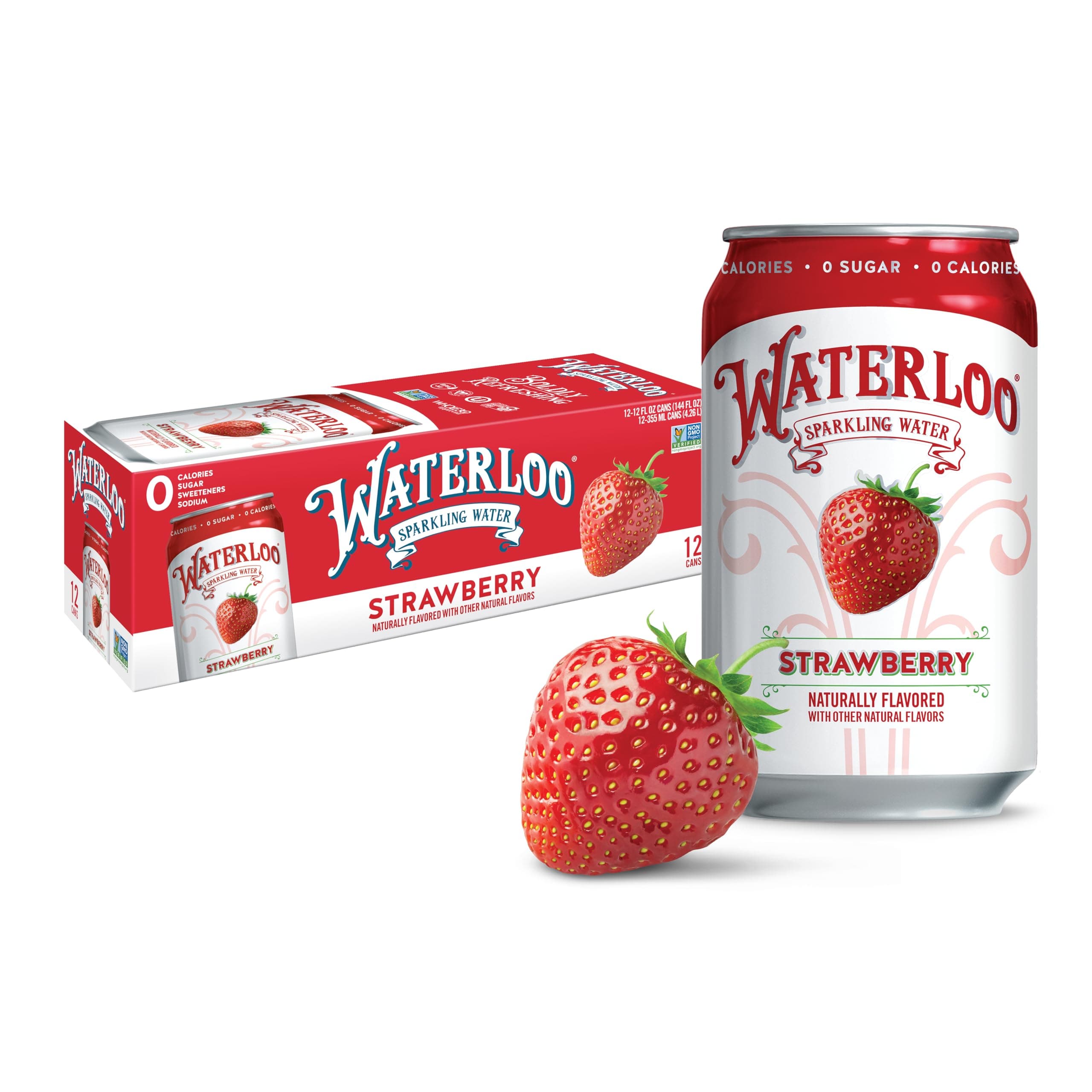 Waterloo Strawberry Sparkling Water - Organic - 12 Pack x 355ml - 0 Sugar, 0 Calories, Non-GMO, Gluten Free, BPA Free, Vegan,Whole30, Kosher, No Artificial Sweetener, Soda & Tonic Replacement