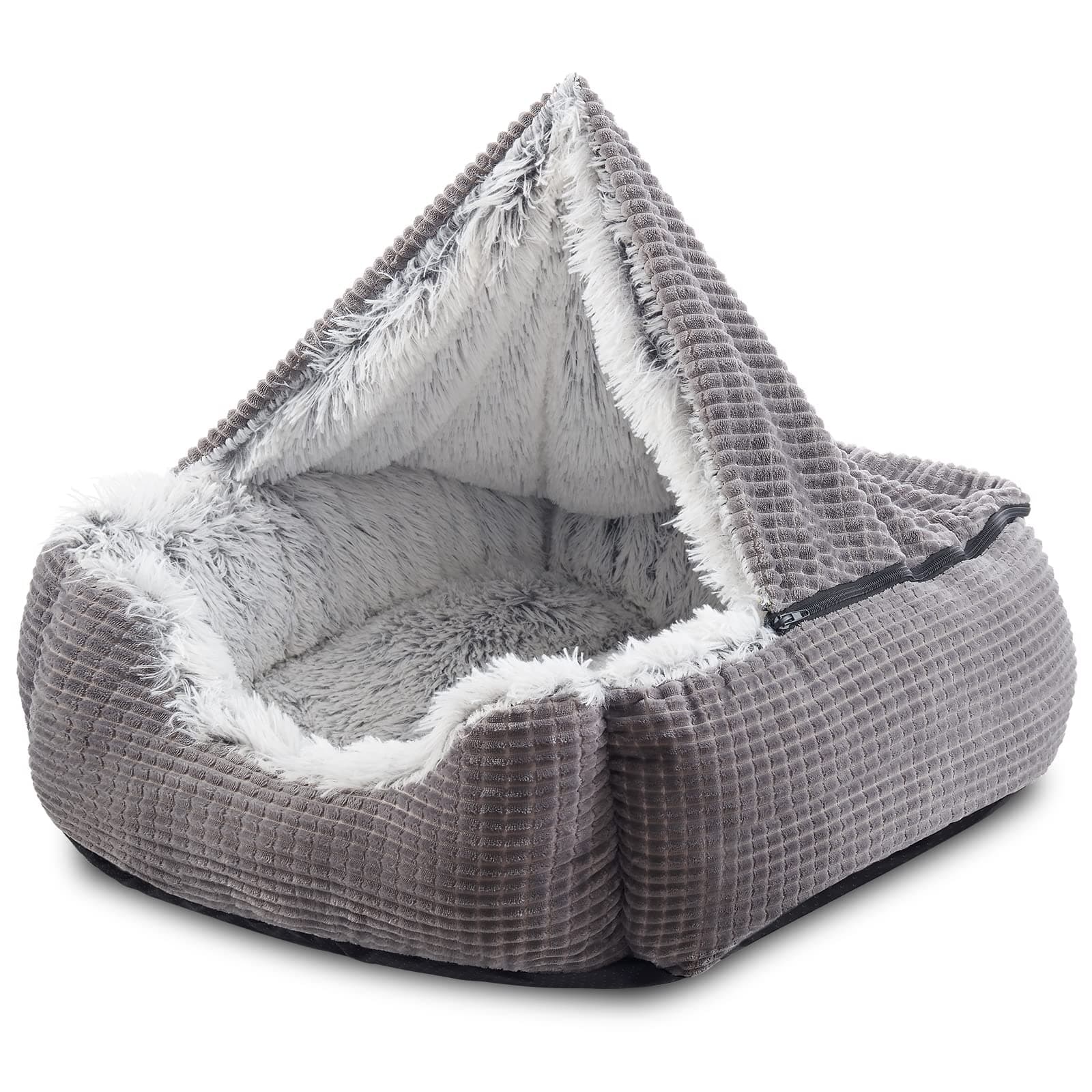 Dog Beds for Large Medium Small Dogs, Rectangle Cave Hooded Blanket Puppy Bed, Luxury Orthopedic Cat Beds for Indoor Cats, Warmth and Machine Washable (30 inches, Grey)
