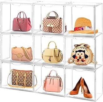 Clear Handbag Storage Organizers for Closet, 9 Packs Plastic Acrylic Handbag Purse Shoes Toy Display Case, Anti Dust Luxury Stackable Bag Container Box with Magnetic Door for Pocketbook Clutch