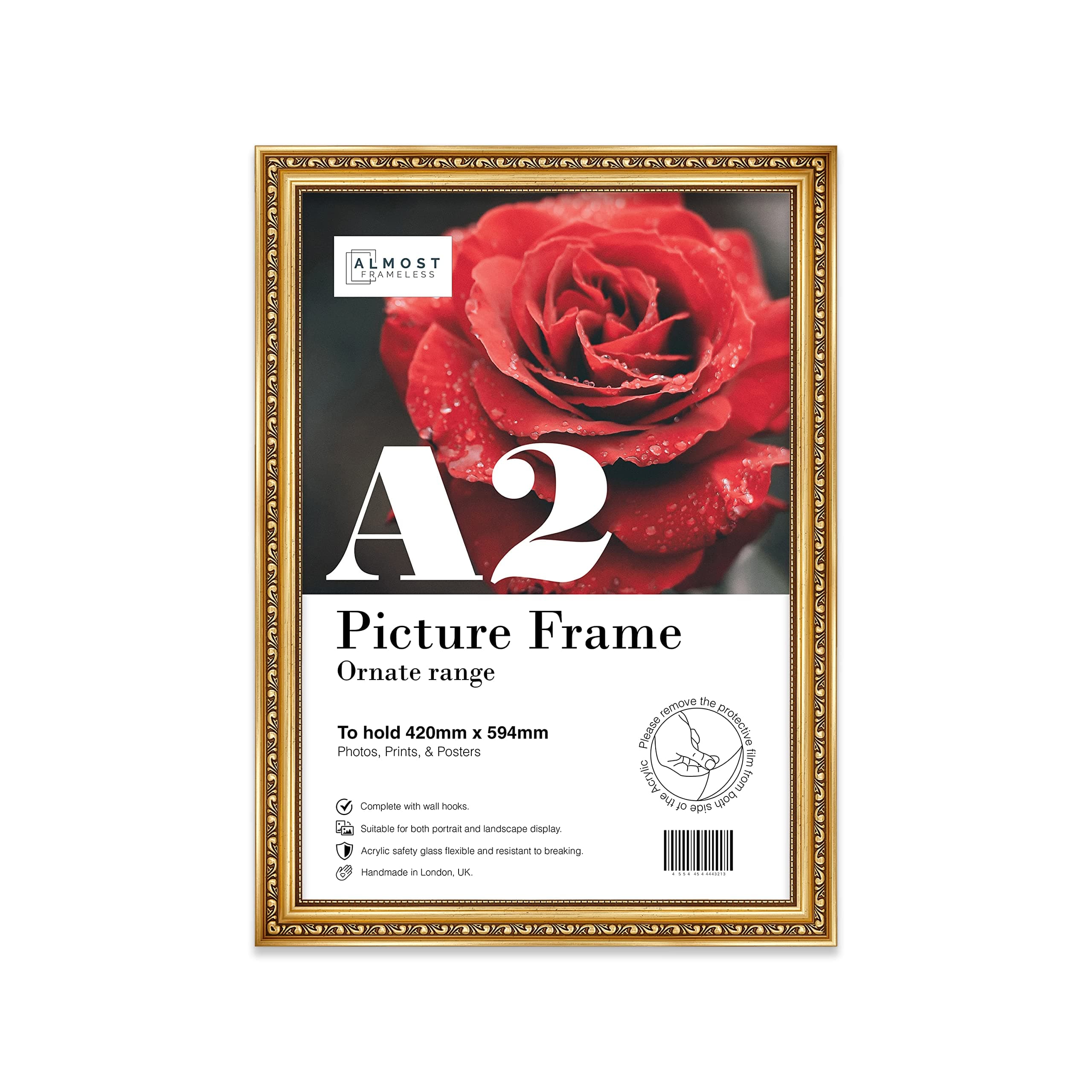 A2 Gold Ornate Picture Frame Fits A2 (42 x 59.4cm - 16.5 x 23.4in) Poster, Photo, Artwork, or Print. Opulent Style Portrait and Landscape Display with Wall Hooks