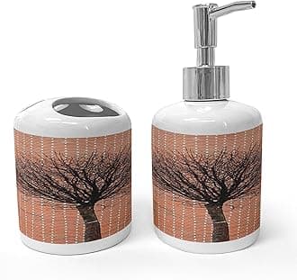 Ambesonne Modern Soap Dispenser & Toothbrush Holder Set, Brick Wall Bare Branched Lonely Tree Street View Art Print Symbolic Abstract, Ceramic Bathroom Toiletry Accessories, 2 Pcs, Cinnamon and Brown