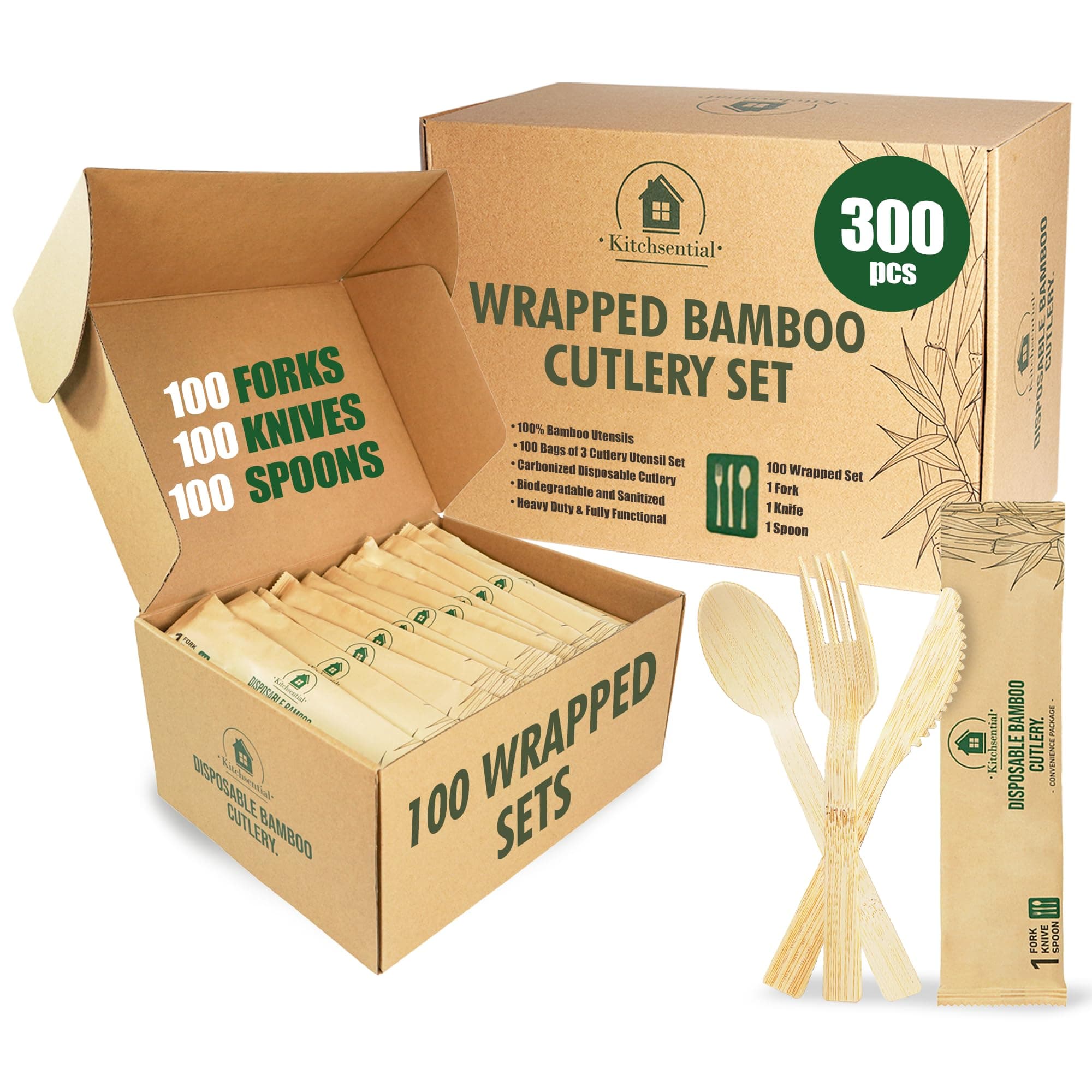Bamboo Cutlery Set – (100 Wrapped Sets: 1 Bamboo Forks, Spoon & Knife - 300 Pcs) – Bamboo Disposable Utensils Set – Disposable Cutlery – Bamboo Flatware – Bamboo Silverware Set
