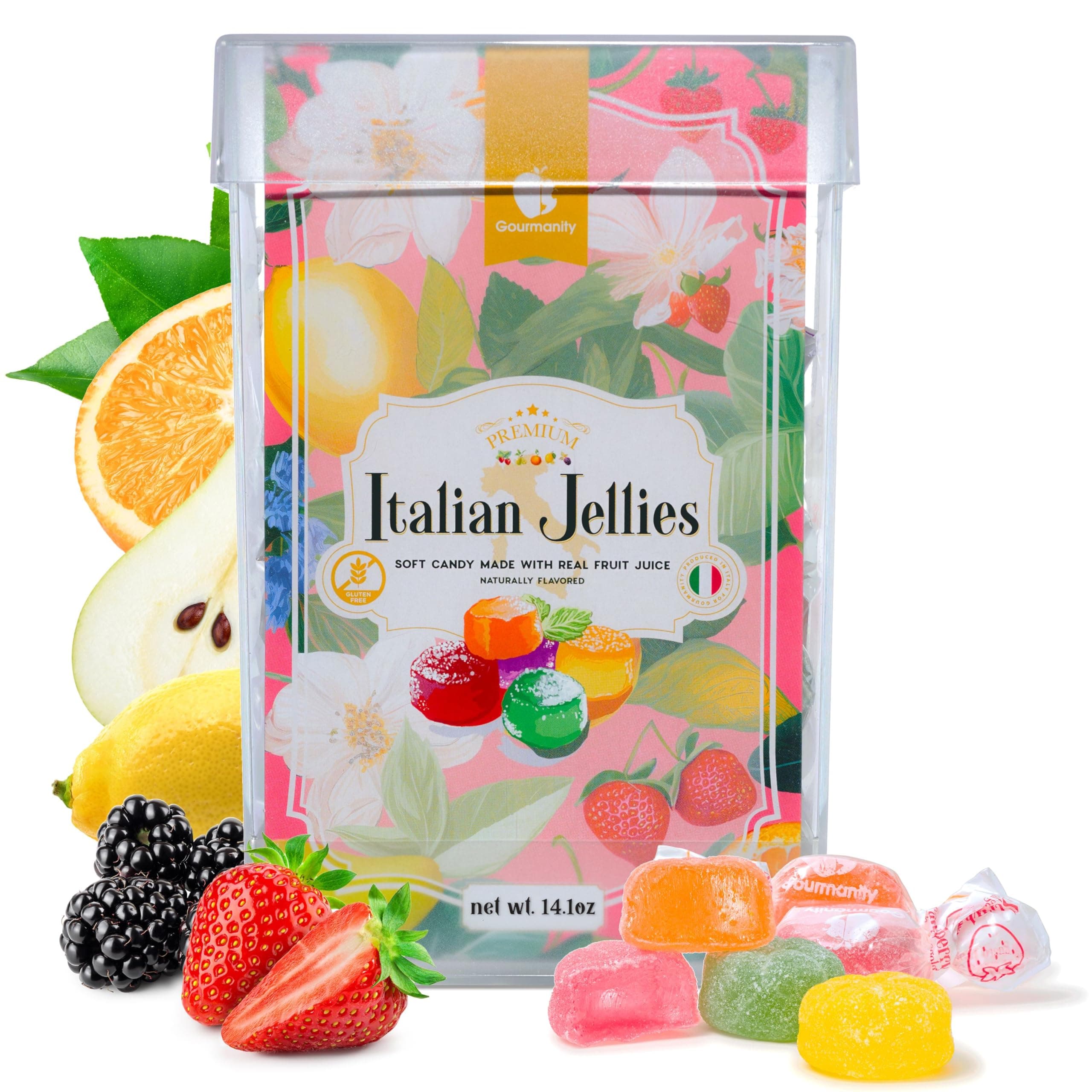 Italian Jelly Fruit Candy With Real Fruit Juice, Soft Bite Authentic Italian Candy, Individually Wrapped Gourmet Candy, In a Giftable 14.1oz Box