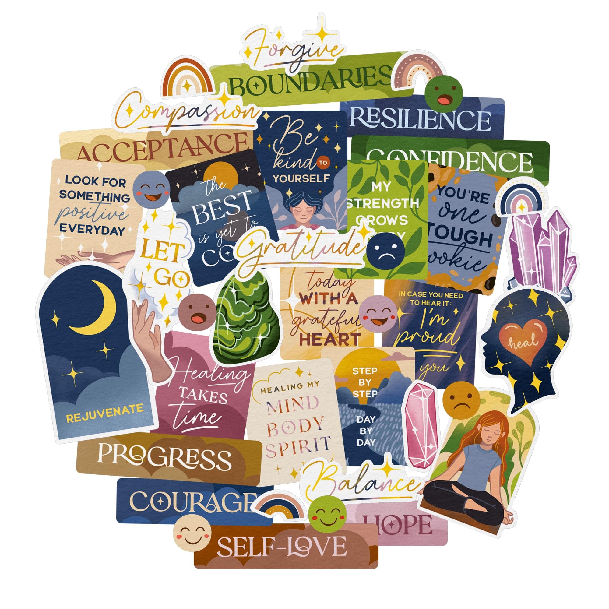 Navy Peony Healing Journey Vision Board Stickers (41 Pieces) - Self-Care, Spiritual Goal Setting Stickers for Planners, Journals, Scrapbooks