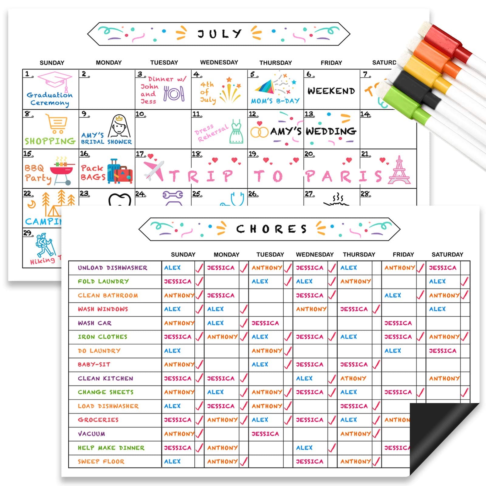 Chore Chart and Monthly Calendar White Board Set, Magnetic 11" x 17" Dry Erase Responsibility & Behavior Refrigerator Reward Incentive Whiteboard for Kids - Reusable Multiple Child Magnet