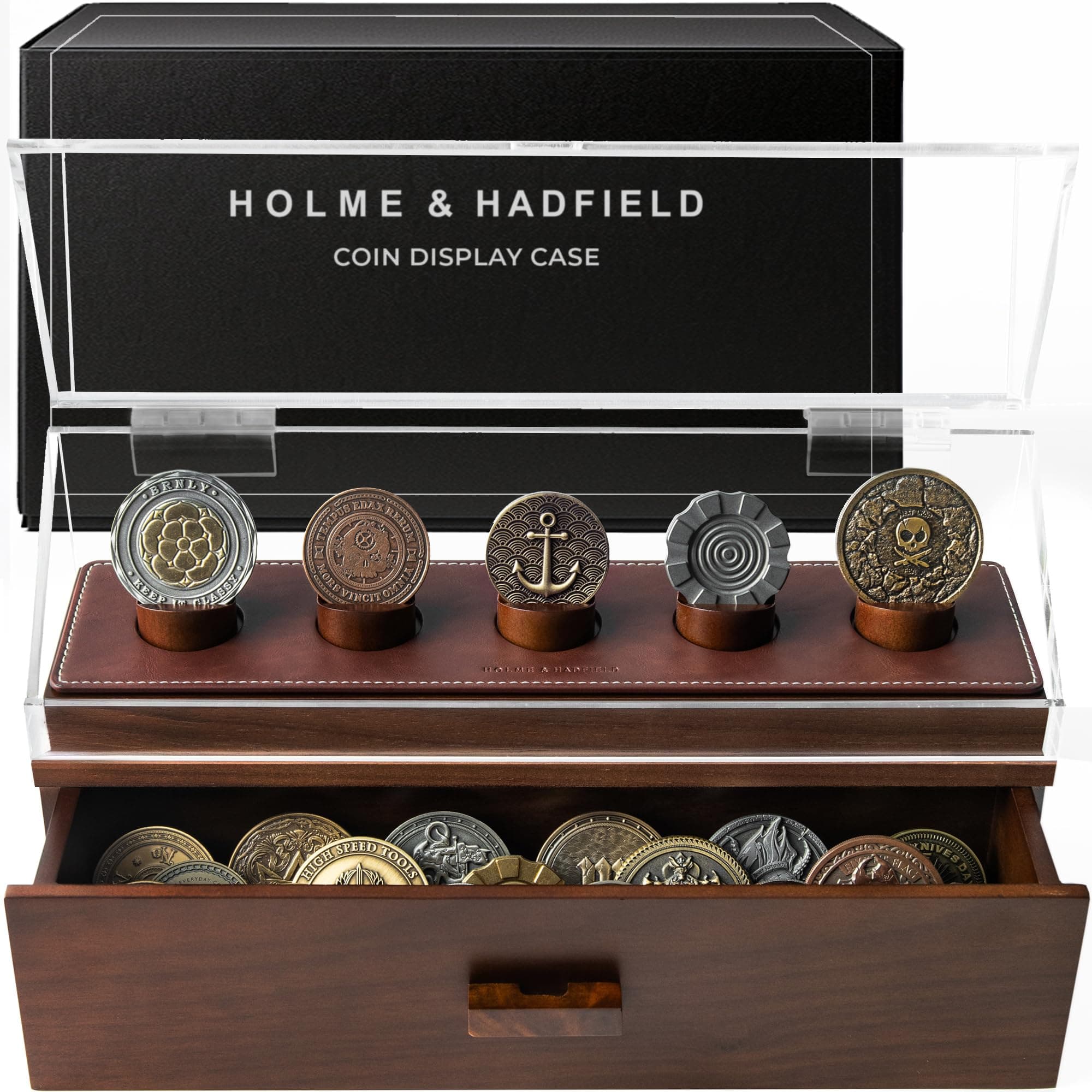 Holme & Hadfield Premium Challenge Coin Display Case for up to 30 Coins – Beautiful 360° Views – Large Handcrafted Military Coin Display Case Luxury Built to Last