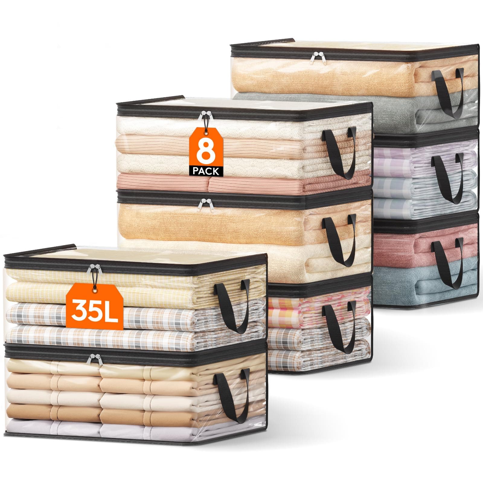 Lifewit 8 Pack Clear Clothes Storage Bags, 35L Plastic Blanket Vinyl Foldable Moving Bags with Zipper, Closet Organizers and Storage Containers for Bedding, Duvet, Pillow