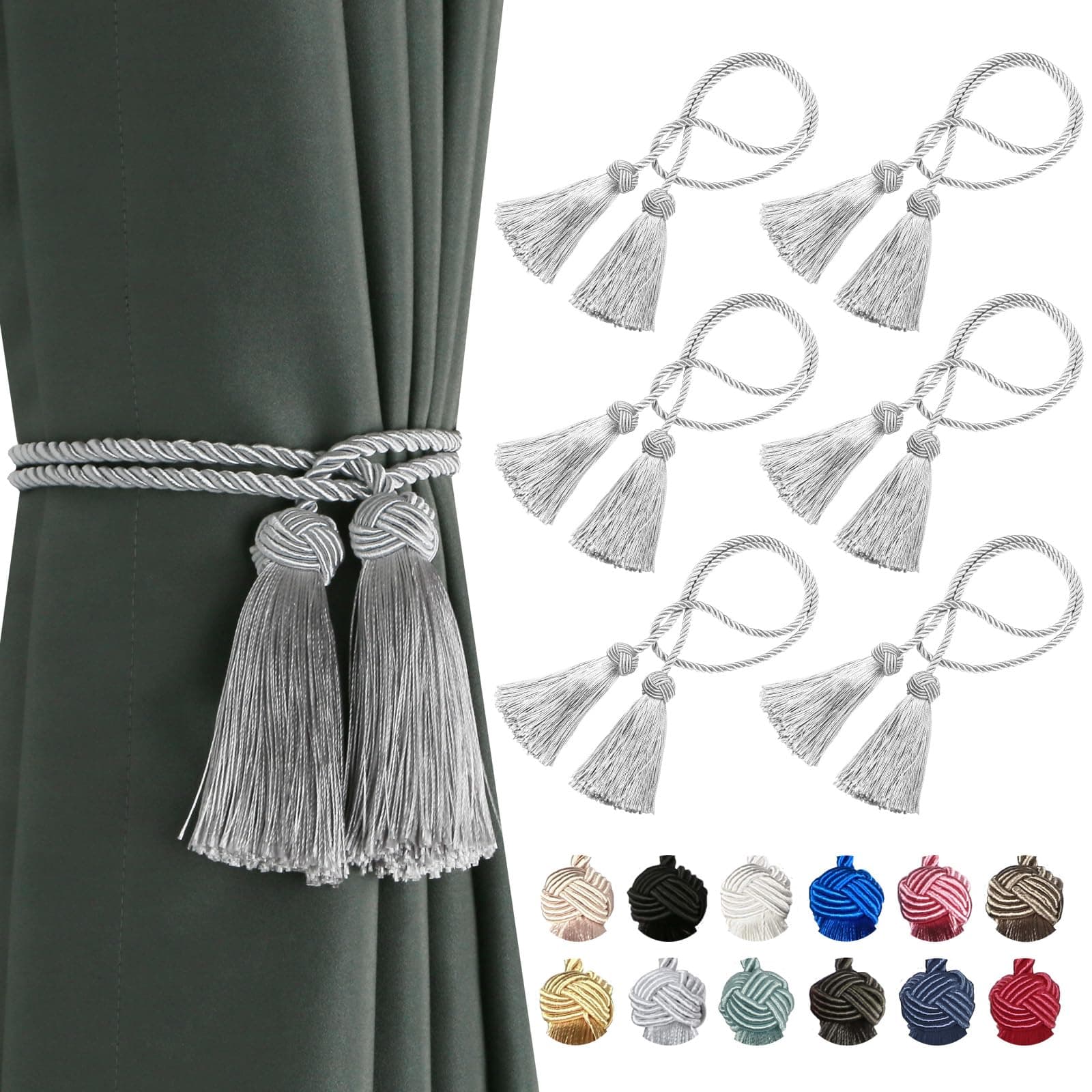 BEL AVENIR 4 Pack Curtain Handmade Tiebacks Decorative Curtain Holdbacks with Tassel… (Silver, 6 Pack)
