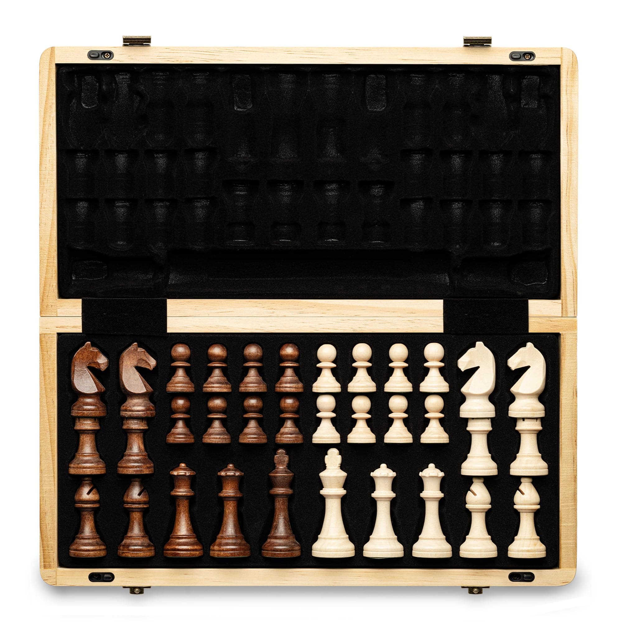 A&A 15" Magnetic Wooden Chess Set/Folding Board / 3" King Height German Knight Staunton Chess Pieces/Walnut & Maple Inlaid /2 Extra Queen/Board Games Chess Sets for Adults and Kids