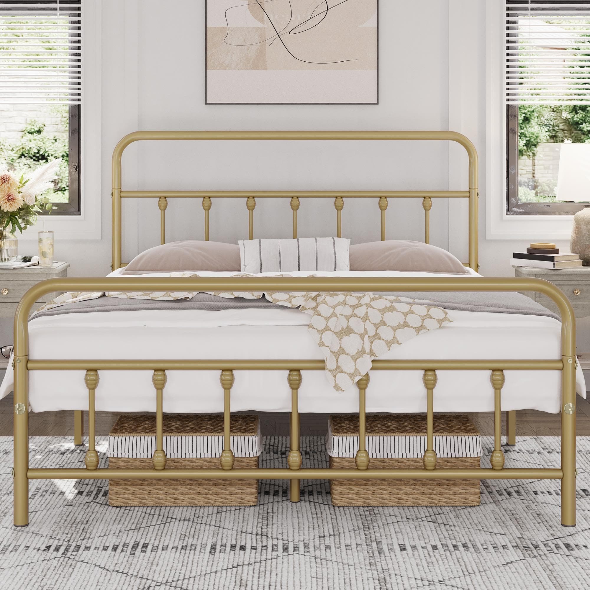 Classic Metal Platform Bed Frame Mattress Foundation with Victorian Style Iron-Art Headboard/Footboard/Under Bed Storage/No Box Spring Needed/Queen Size Antique Gold