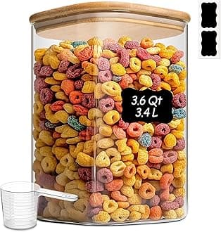 ComSaf 3.6Qt Glass Food Storage Containers, Cereal Storage Containers with Airtight Lids, Large Square Glass Jars with Bamboo Lids, for Rice, Pasta, Oats, Grains, Coffee Beans
