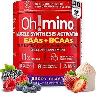 Oh!mino Essential Amino Acids Supplement Drink Powder, Berry Blast, Caffeinated Powder, All 9 EAAs, BCAAs and The Perfect Amino for Workouts, Amino Energy, and to Build Muscle, and Recover Faster