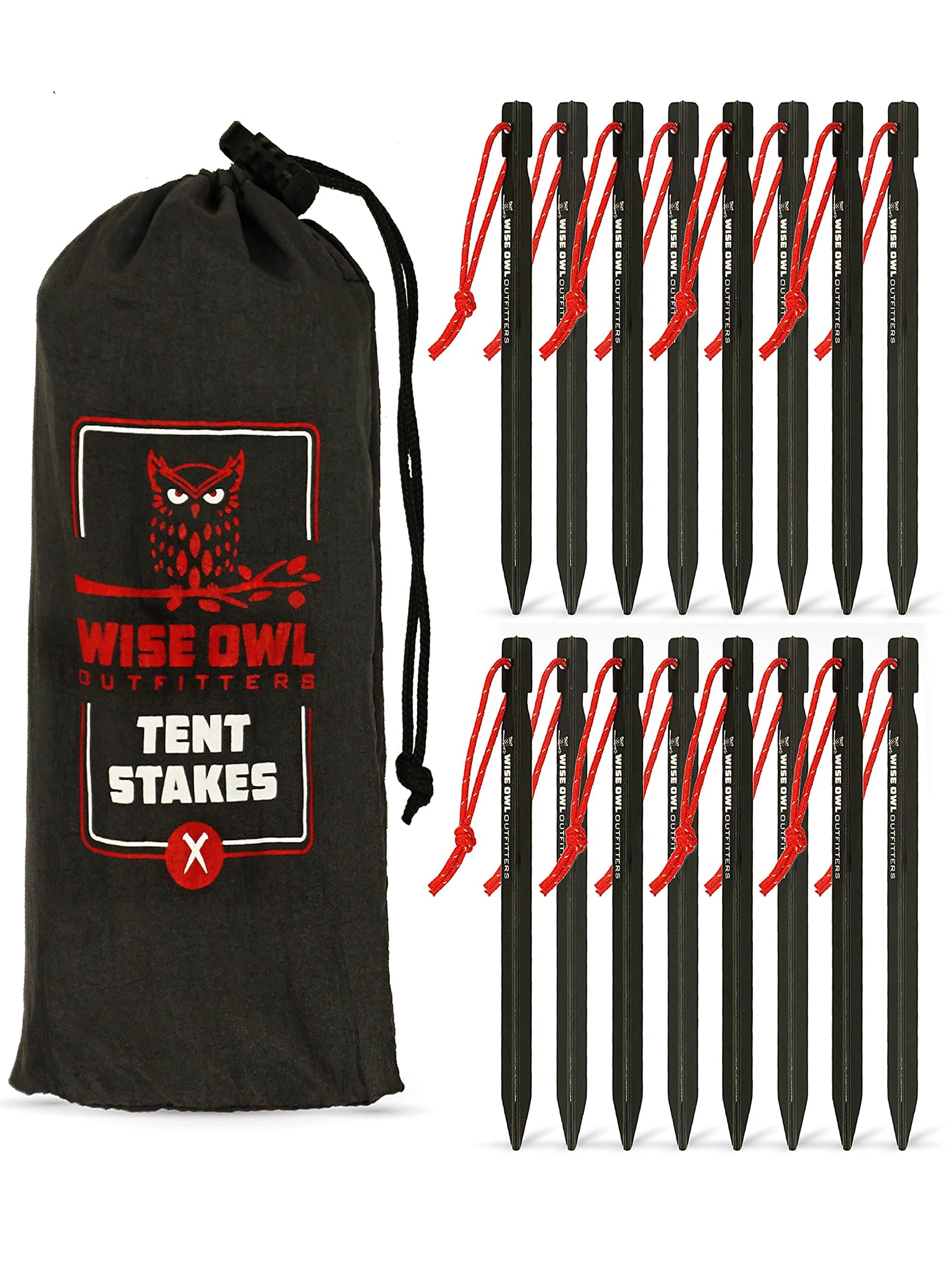 Wise Owl Outfitters Tent Stakes Heavy Duty 16 Pack – Lightweight Non-Rust Aircraft Aluminum Tent Pegs - Metal Ground Stakes for Camping, Canopy, Tarp