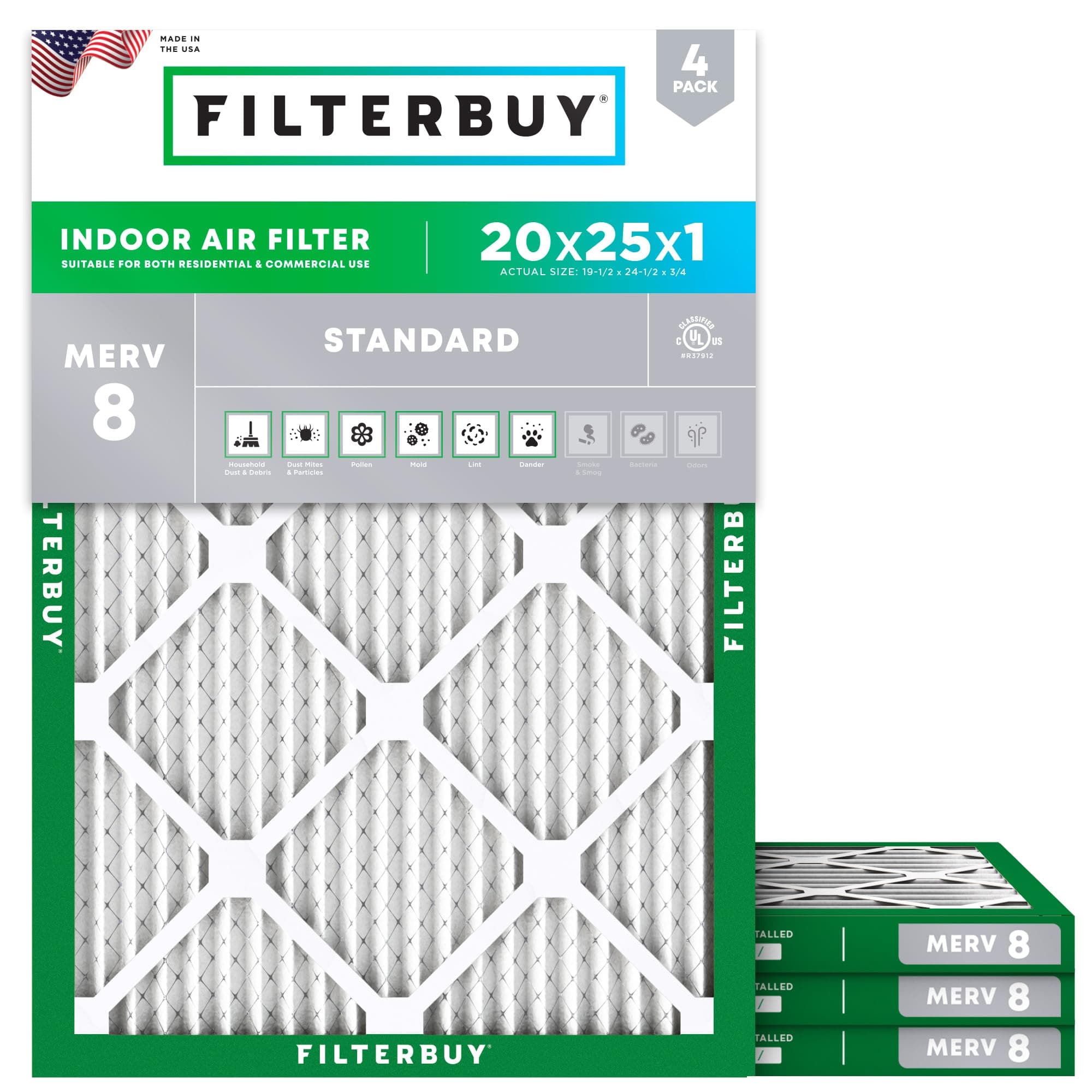 20x25x1 Air Filter MERV 8 Essential Dust & Allergy Defense (4-Pack), Electrostatic Pleated HVAC AC Furnace Filters Replacement (Actual Size: 19.50 x 24.50 x 0.75)