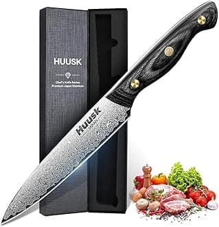 Huusk Damascus Kitchen Utility Knife, Japanes VG10 Small Chef Knives 5 inch with Ergonomic Wooden Handle, Versatile Knife for Vegetable Fruit Meat, Christmas Gift for Men and Women