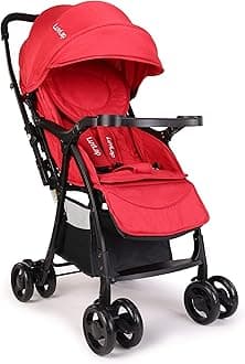 LuvLap Spark Baby Stroller, Pram for Baby with 5 Point Safety Harness, Spacious Cushioned seat with Side Padding, Multi Level seat Recline, Lightweight Baby Stroller for 0 to 3 Years (Red)