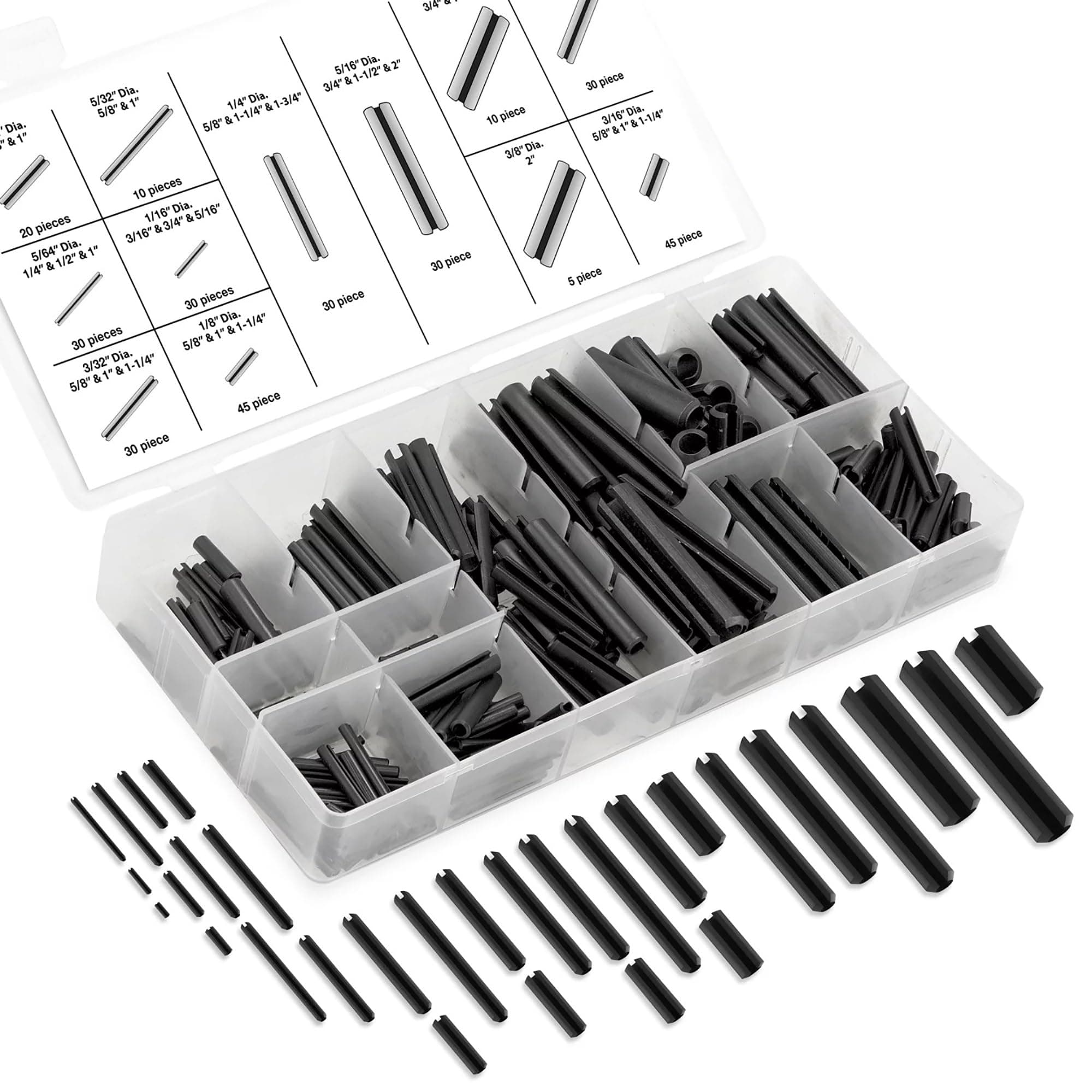 Neiko 50412A Roll Pin Assortment Set with Storage Case | 315 Pieces | SAE | Slotted Spring Steel | Black Dowel Tension Roll Pin