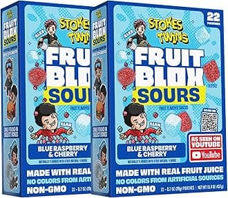 Fruit Blox Sours Blue Raspberry & Cherry Fruit Snacks, 2 Boxes of 22 Pouches, Non-GMO, Made with Real Fruit Juice (Blue Raspberry & Cherry)