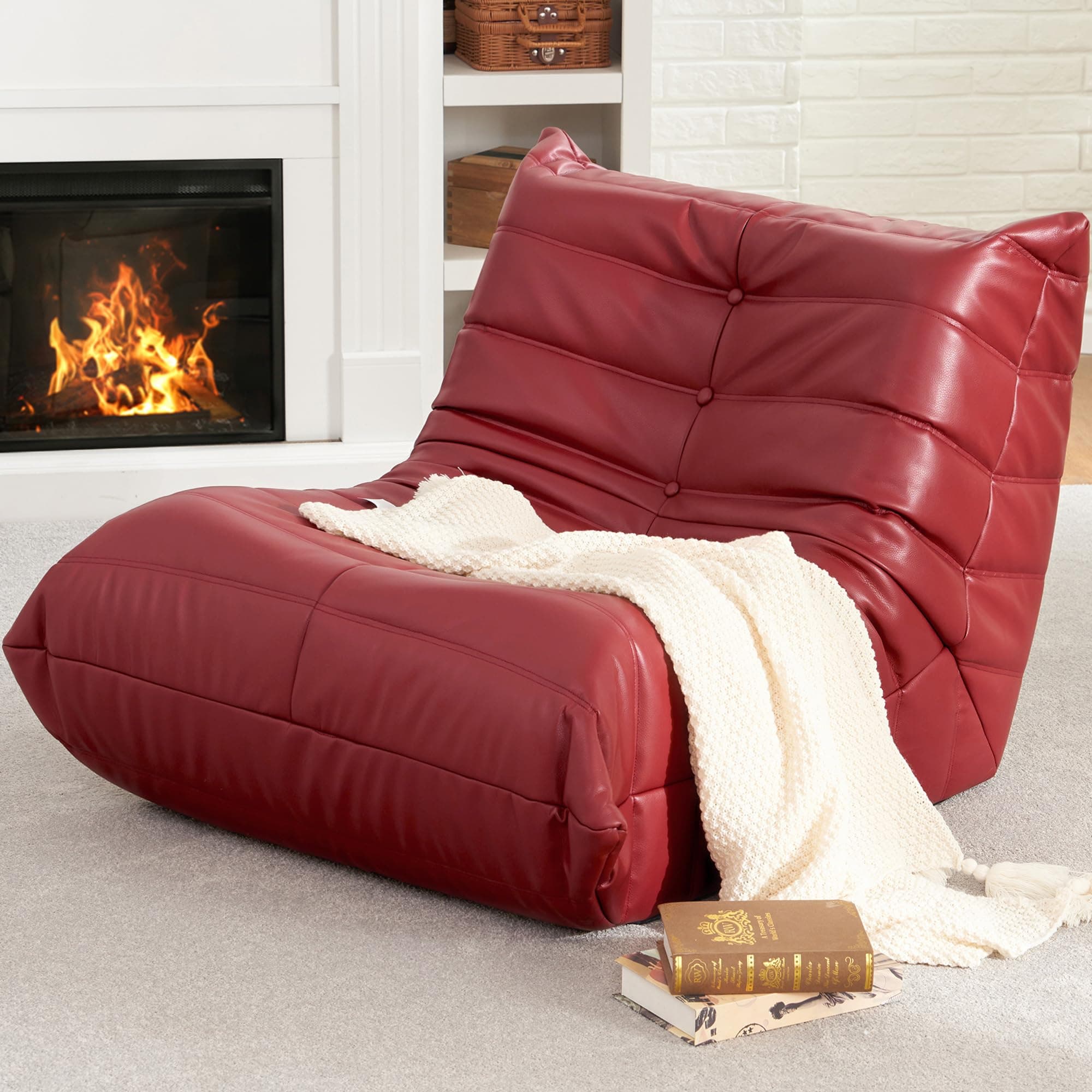 Giant Bean Bag Chair Lazy Floor Sofa, Memory Foam Fireside Sofa for Adults, Big Beanbag Faux Leather Armless Chair for Living Room Bedroom Dorm Office (WineRed, Single)
