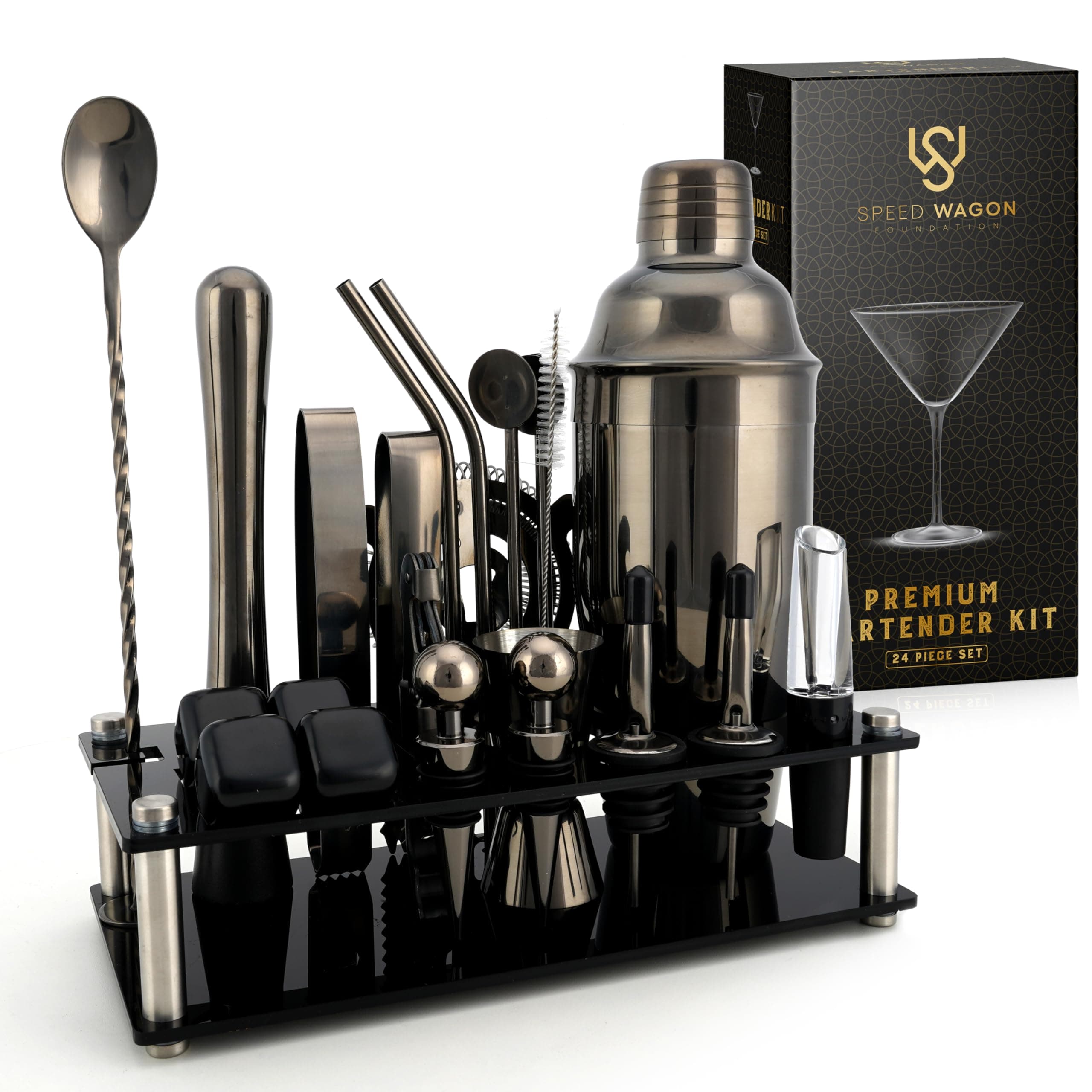 Mixology Bartender Kit – 24 Piece Gun Metal Cocktail Shaker Set w/Stand – Essential Home Bar Accessories Martini Shaker, Jigger, Muddler, Chilling Cubes & More