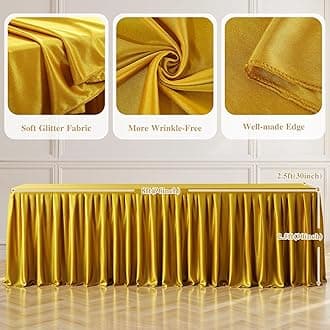8FT Gold Satin Tablecloths for Rectangle Tables - Shiny Spandex Party Table Cover with Pleated Table Skirt, No-Wrinkle & Glossy Wedding Tablecloth One-Piece for Birthday Baby Shower Banquet Ceremony