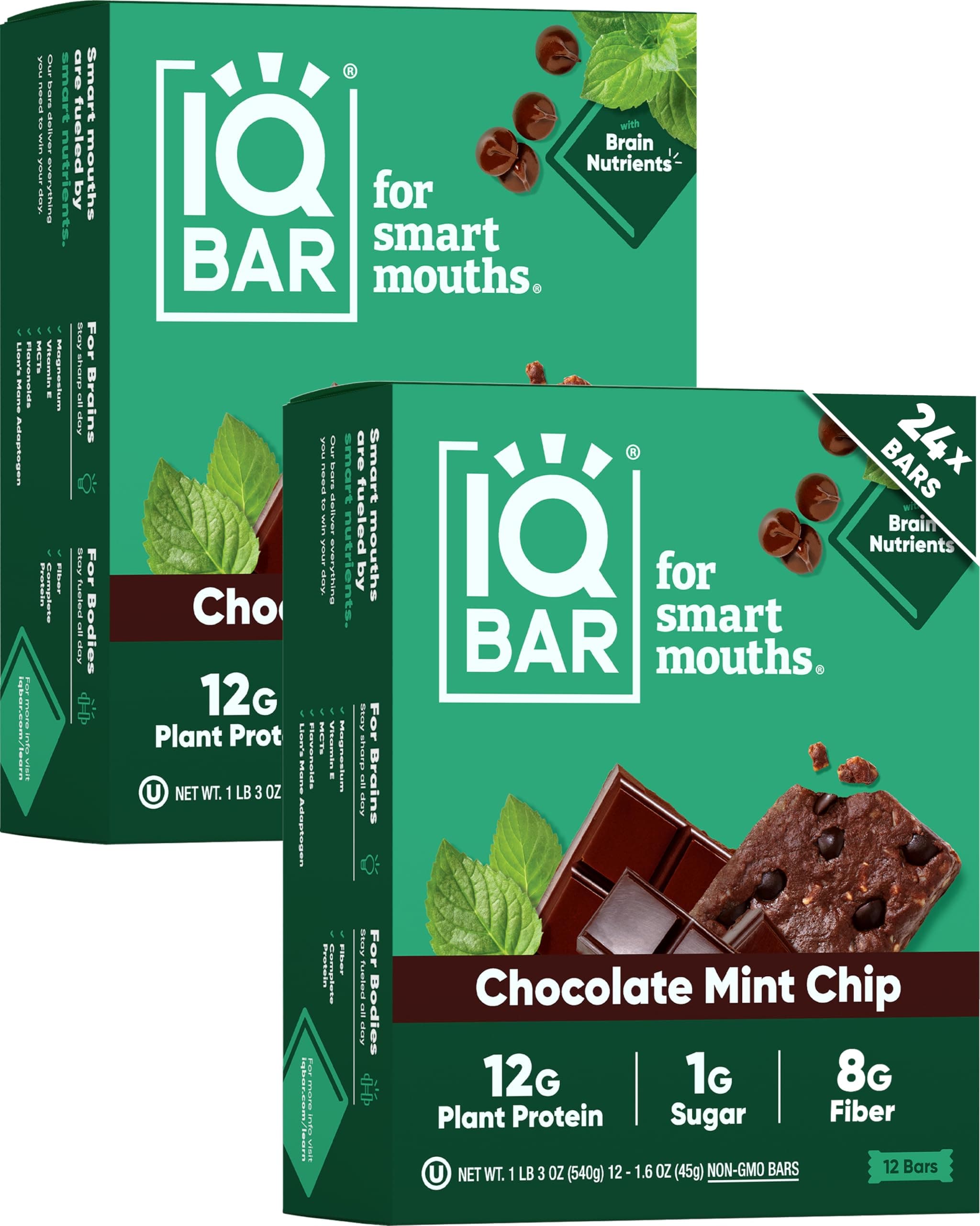IQBAR Clean Plant Protein Bars - Chocolate Mint Chip - 24 Count - Keto, Vegan, High Fiber, Gluten and Dairy Free, Low Sugar Snack - Brain and Body Nutrients for Focus, Energy, Meal Replacement