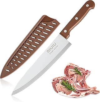 8 inch Chef Knife, Razor Sharp Kitchen Knife with Protective Knife Sheath, Razor Sharp Slicing Knife with Ergonomic Handle, German Stainless Steel, Dishwasher Safe (Brown Color)