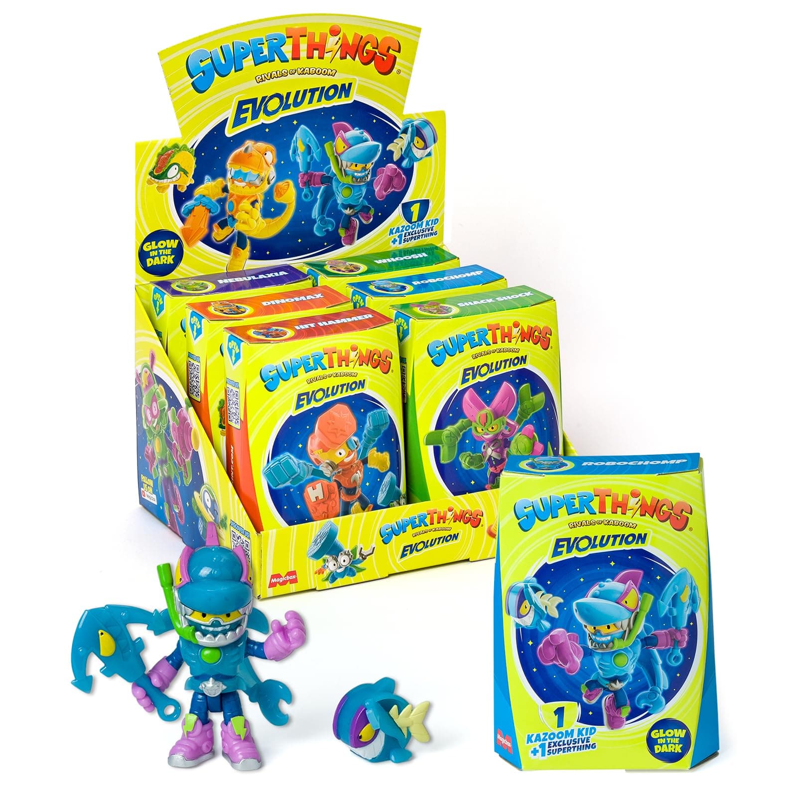 SUPERTHINGS Evolution series – Complete collection of 6 Kazoom Kids from the Evolution series. Each Kazoom Kid glows in the dark and comes with 1 SuperThing and 1 combat accessory