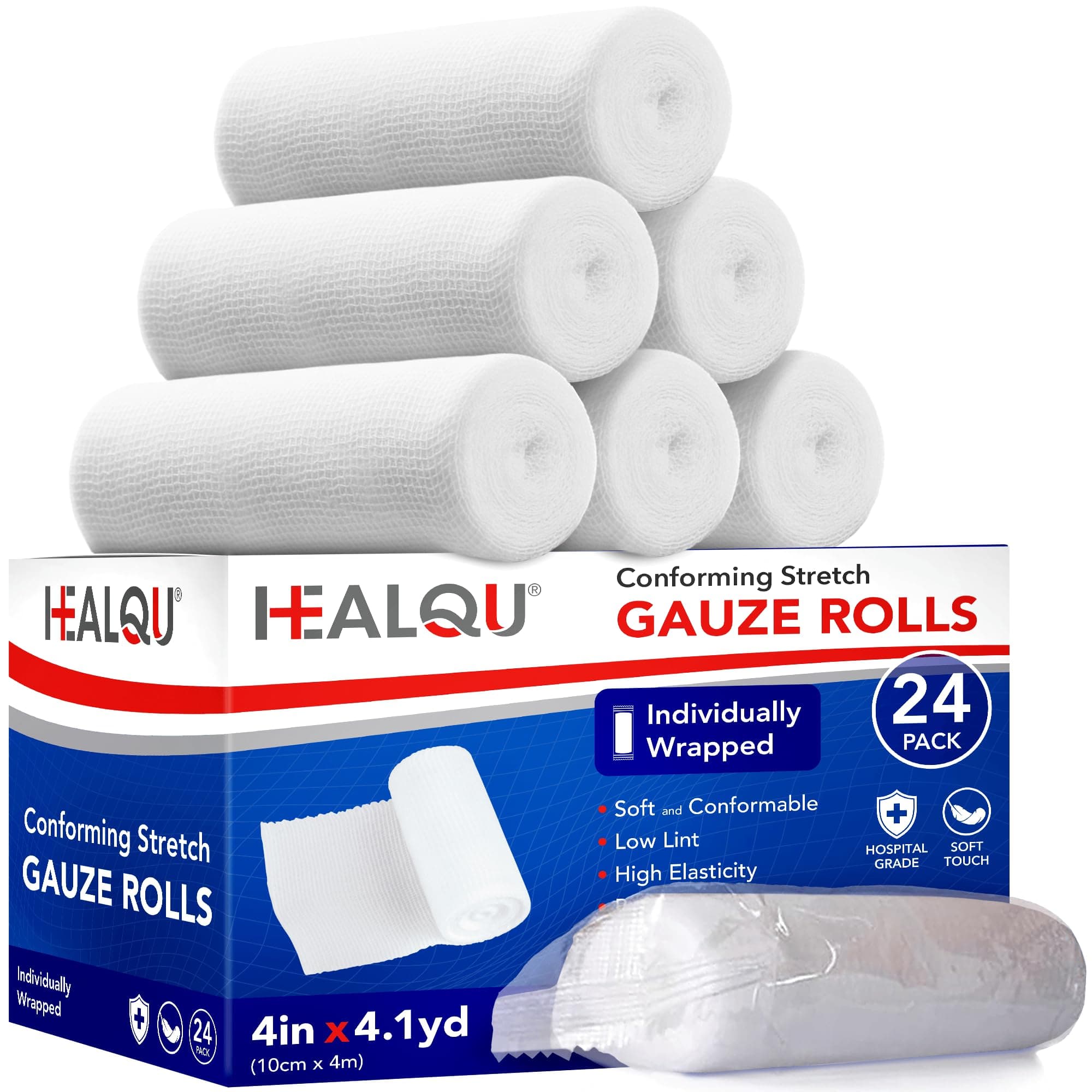 Premium Gauze Rolls - 4" x 4 Yards - 24 Rolls, Individually Wrapped Conforming Stretch Gauze Bandage - Super Soft Woven Stretch Bandages for Primary Wound Dressing Support