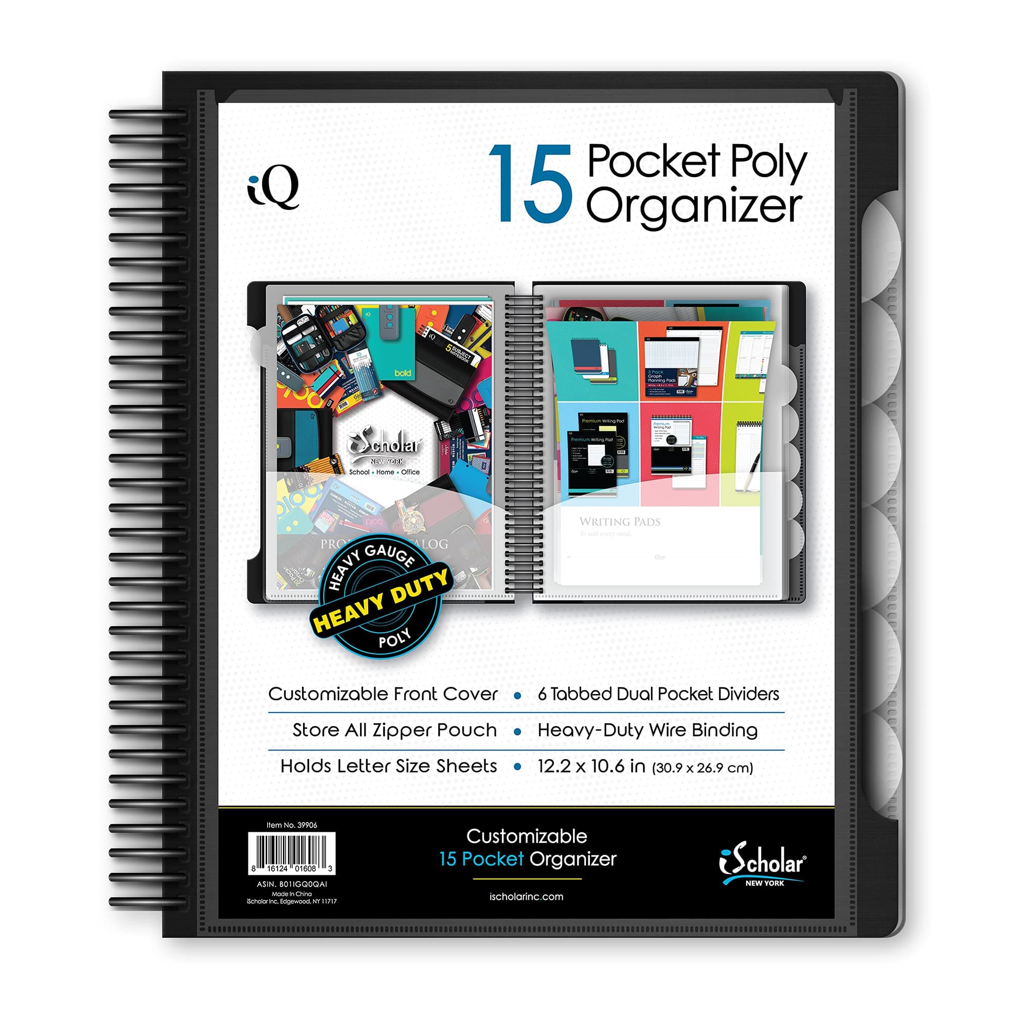 "IQ iScholar 15 Pocket Organizer, 12.2 x 11", Tabbed Dividers, Color Will Vary (39906)", assorted