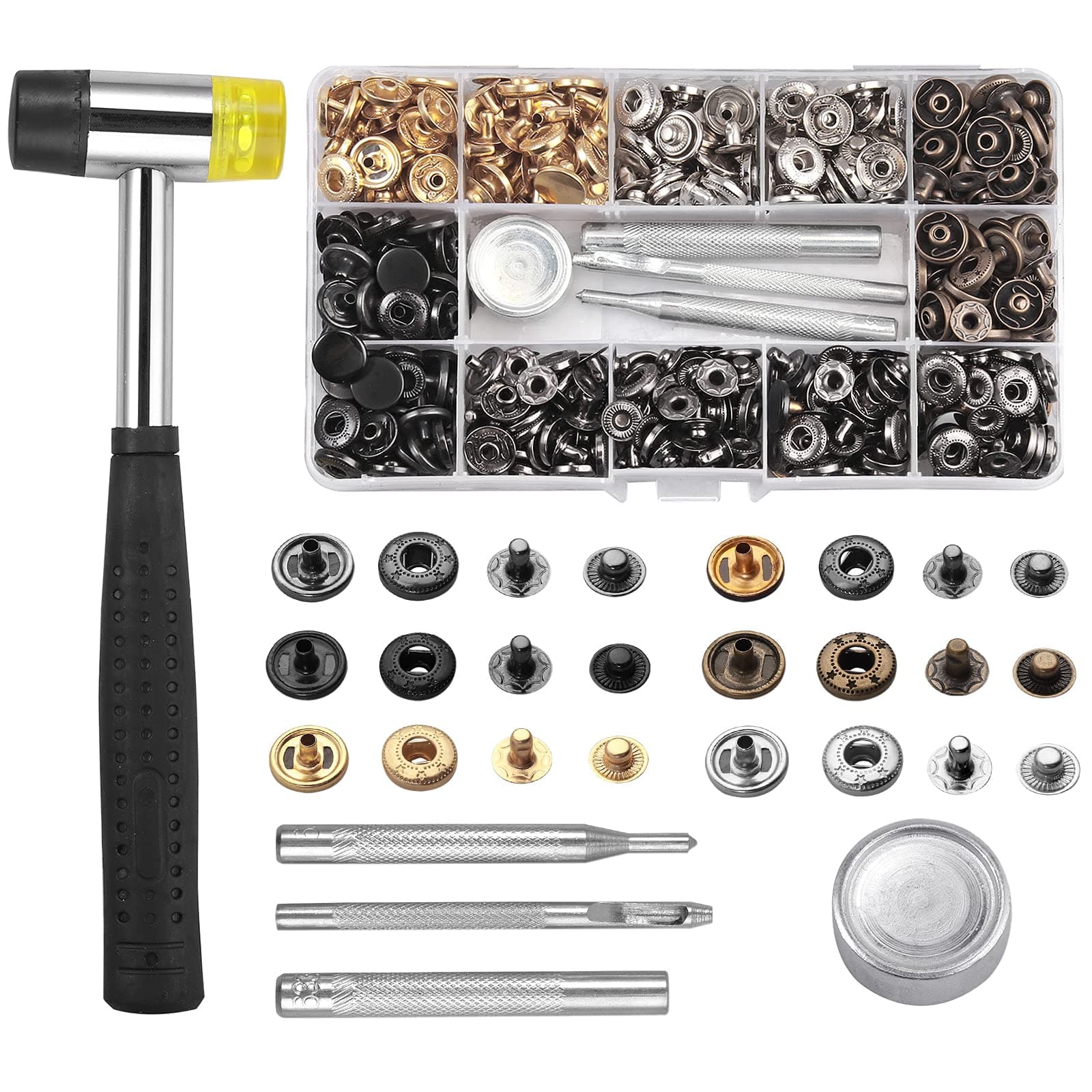 Kamtop 150 Sets Leather Rivets Double Cap Rivets, 6 Colors Metal Snap Buttons Press Studs with Hammer and 4 Pcs Fixing Tool Kit, Snap Fasteners Kit for Clothing, Sewing, Crafts Repairs Decoration