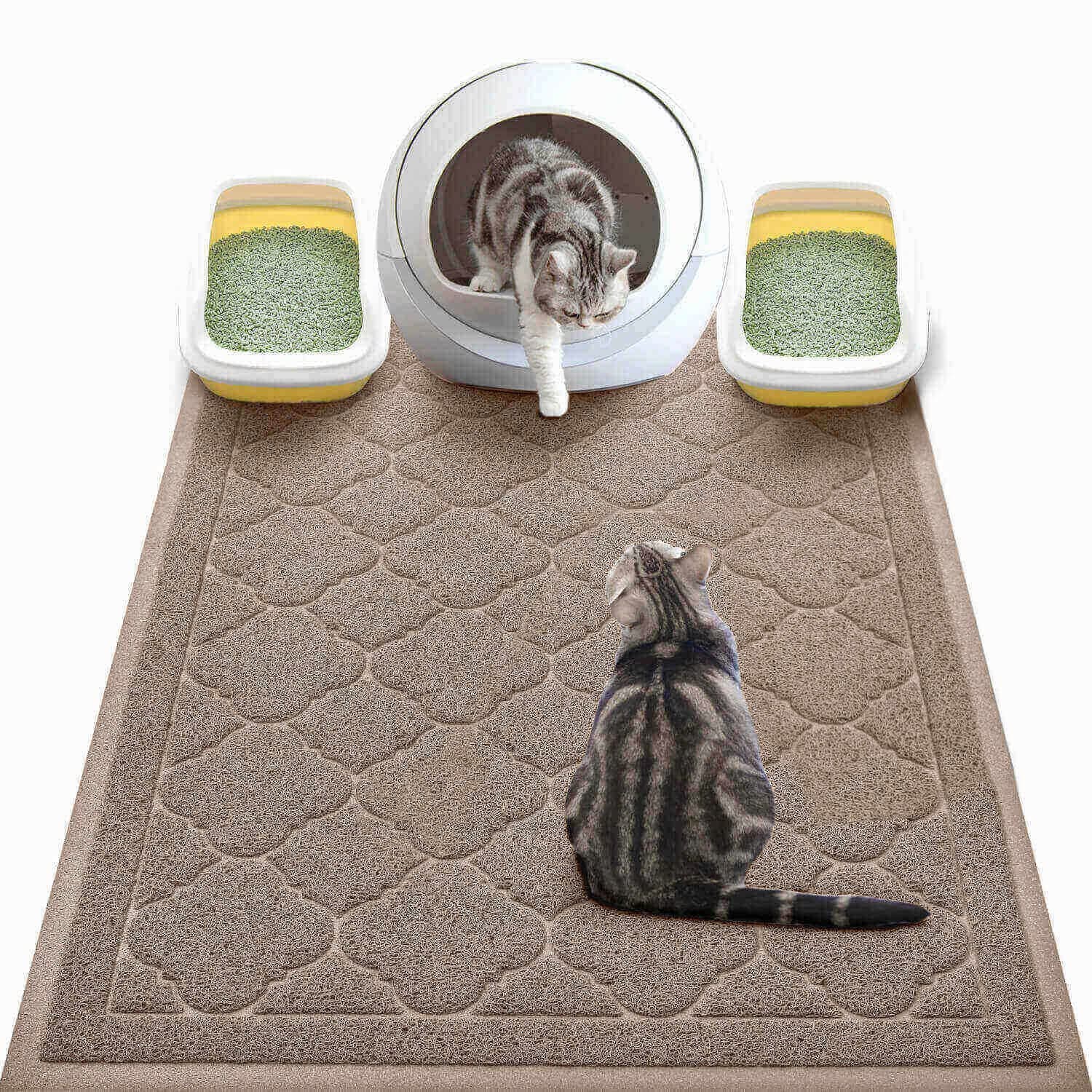 Cat Litter Box Mat, Kitty Premium PVC Pad, Durable Trapping Rug, Phthalate Free, Urine-Resistant, Scatter Control, XXL 47 x 36 Inch, Champagne