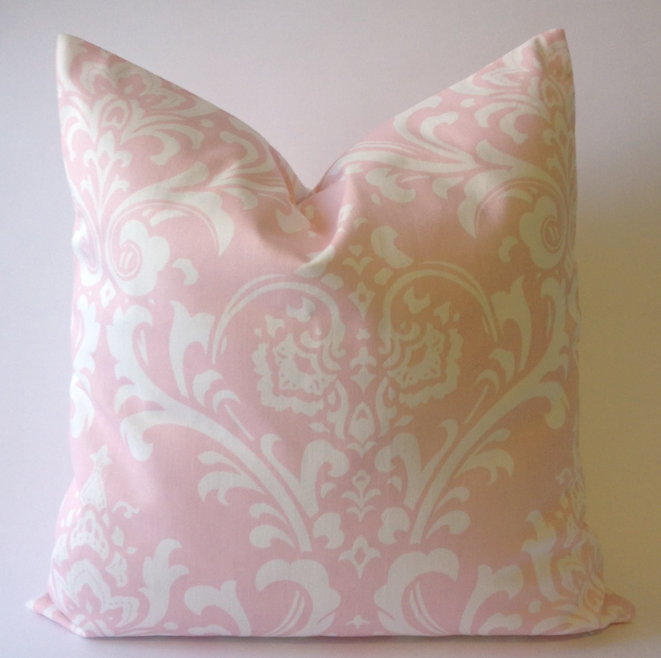 Set of 2 - Suzani Damask Design Decorative Throw Pillows Covers -Medium Weight Cotton Print- Invisible Zipper Closure (Pink/White, 16x16)