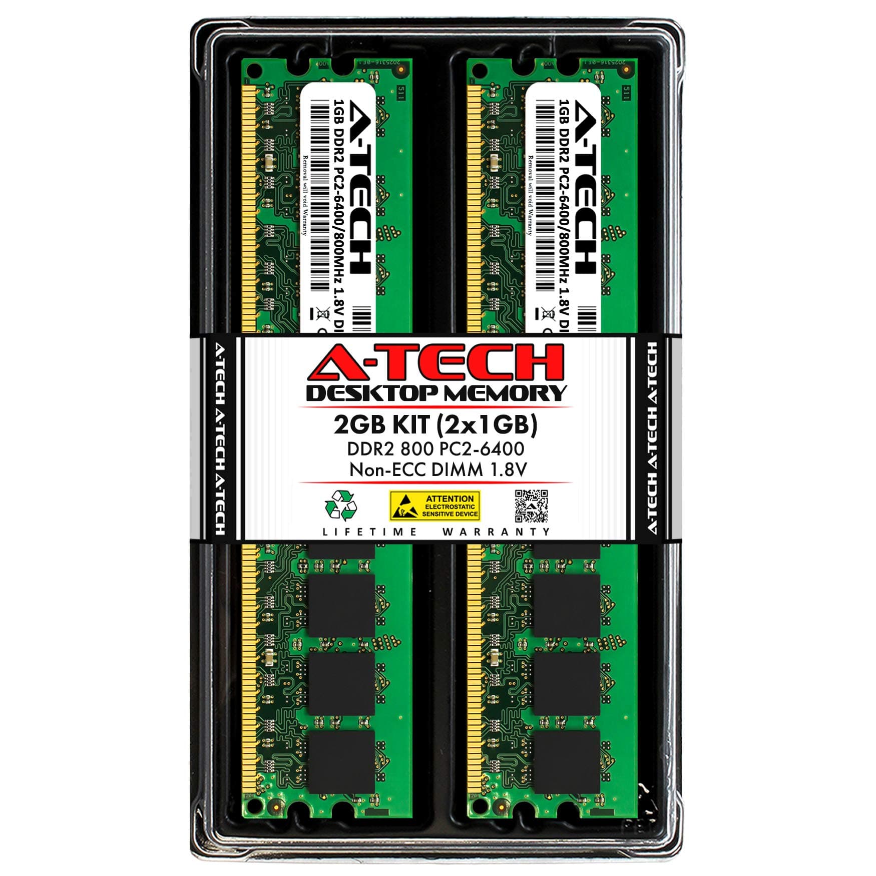A-Tech 2GB (2x1GB) DDR2 800MHz UDIMM PC2-6400 CL6 1.8V DIMM Non-ECC Unbuffered Desktop RAM Memory Modules