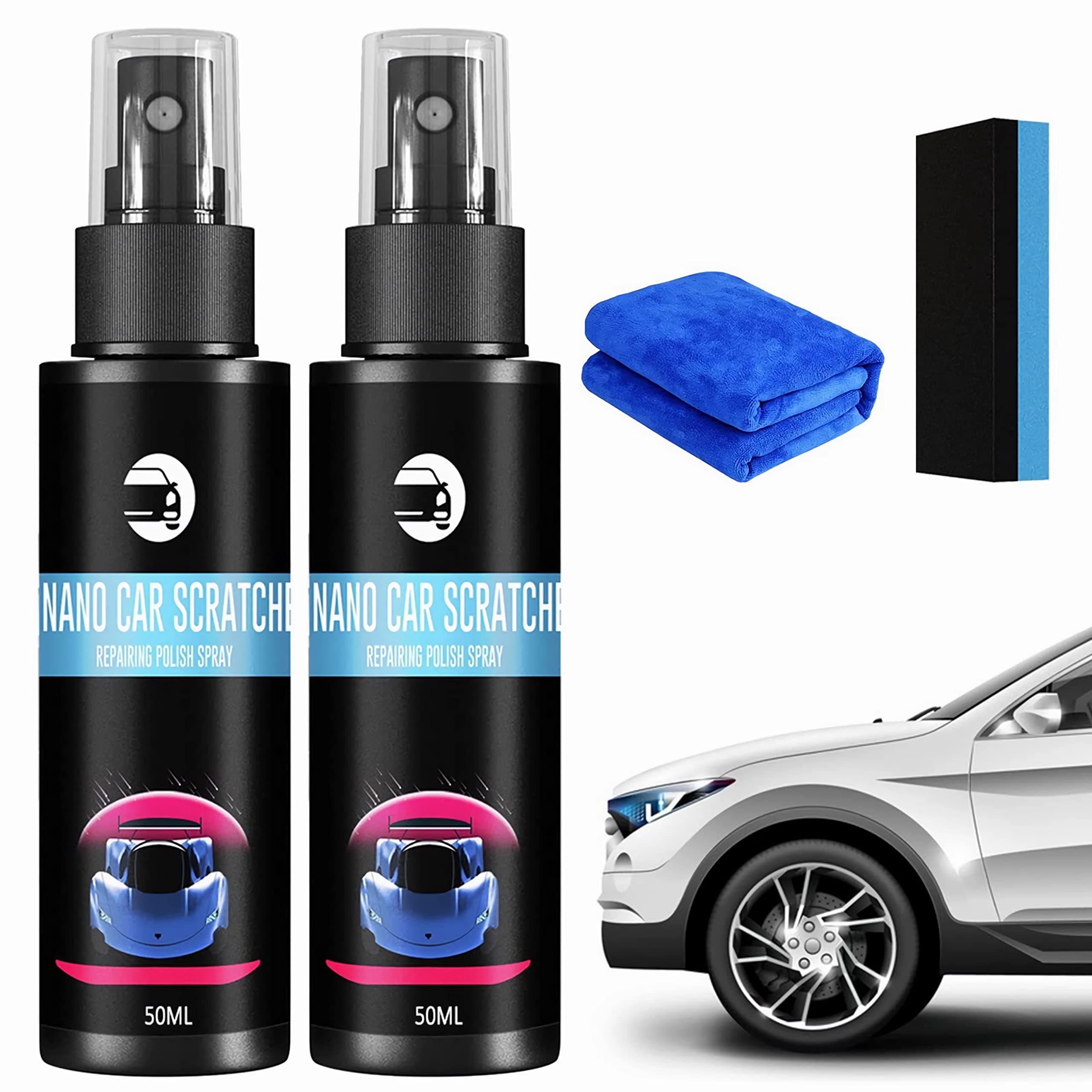 2-Pack Car Scratch Repair Spray - Nano Coating Agent for Fast and Effective Scratch Removal - Auto Detailing Polish and Protection - Includes Nano Sparkle Cloth - 50ml Each