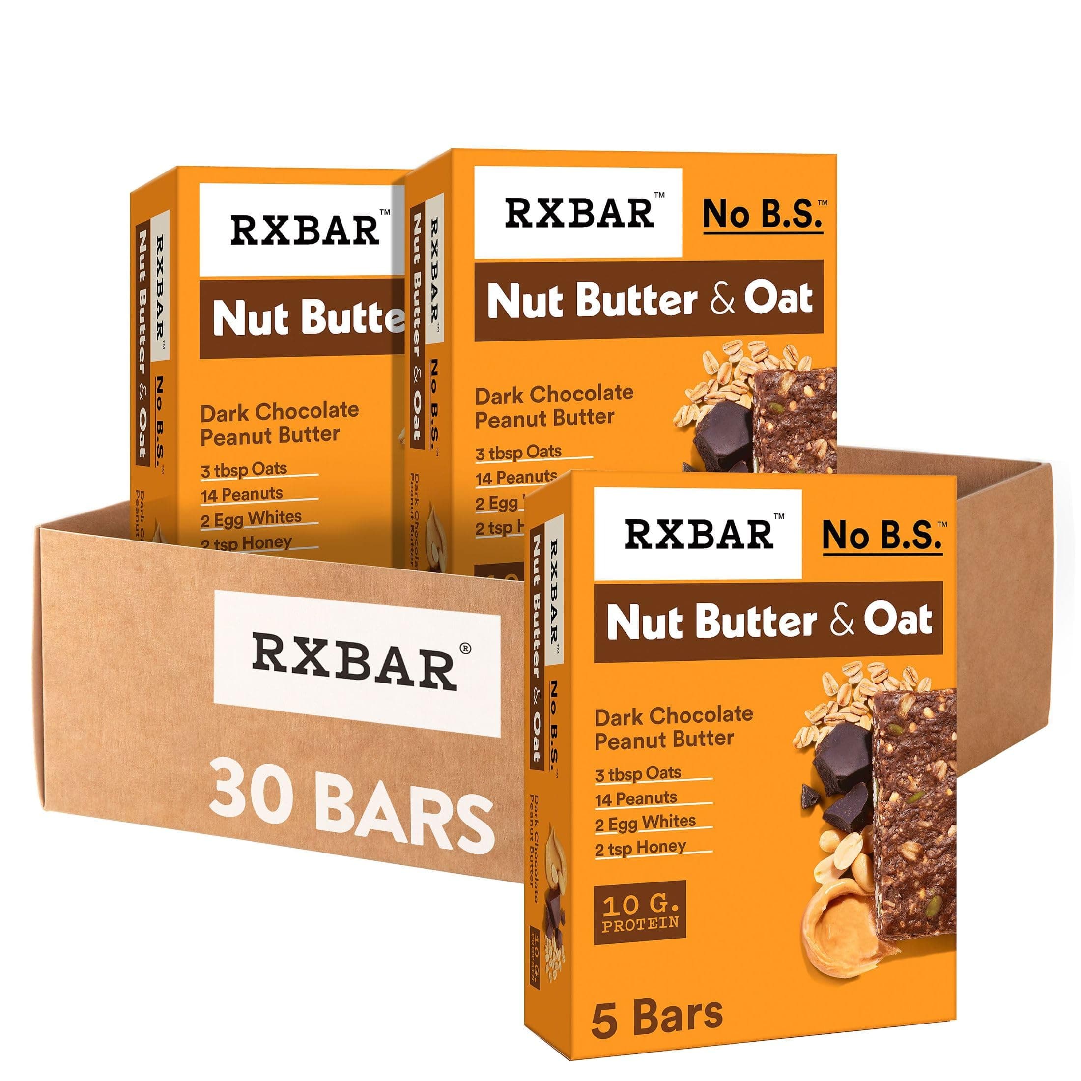 RXBAR Nut Butter and Oat Protein Bars, Protein Snacks, Dark Chocolate Peanut Butter (6 Boxes, 30 Bars)