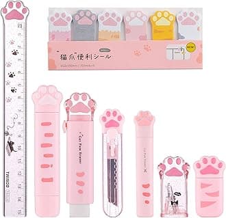 8 Pcs Cute Cat Paw Stationery Set Kawaii School Supplies Including Pencil Sharpener Retractable Eraser Correction Tape Sticky Notes Ruler Mini Scissors Utility Knife for Cat Lovers Students (Pink)