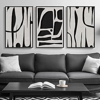 Framed Black and White Wall Art, Black Abstract Artwork Wall Decor for Living Room, Large 3 Piece Minimalist Line Texture Painting for Bedroom, Home Office, Total Size 30" H x 60" W