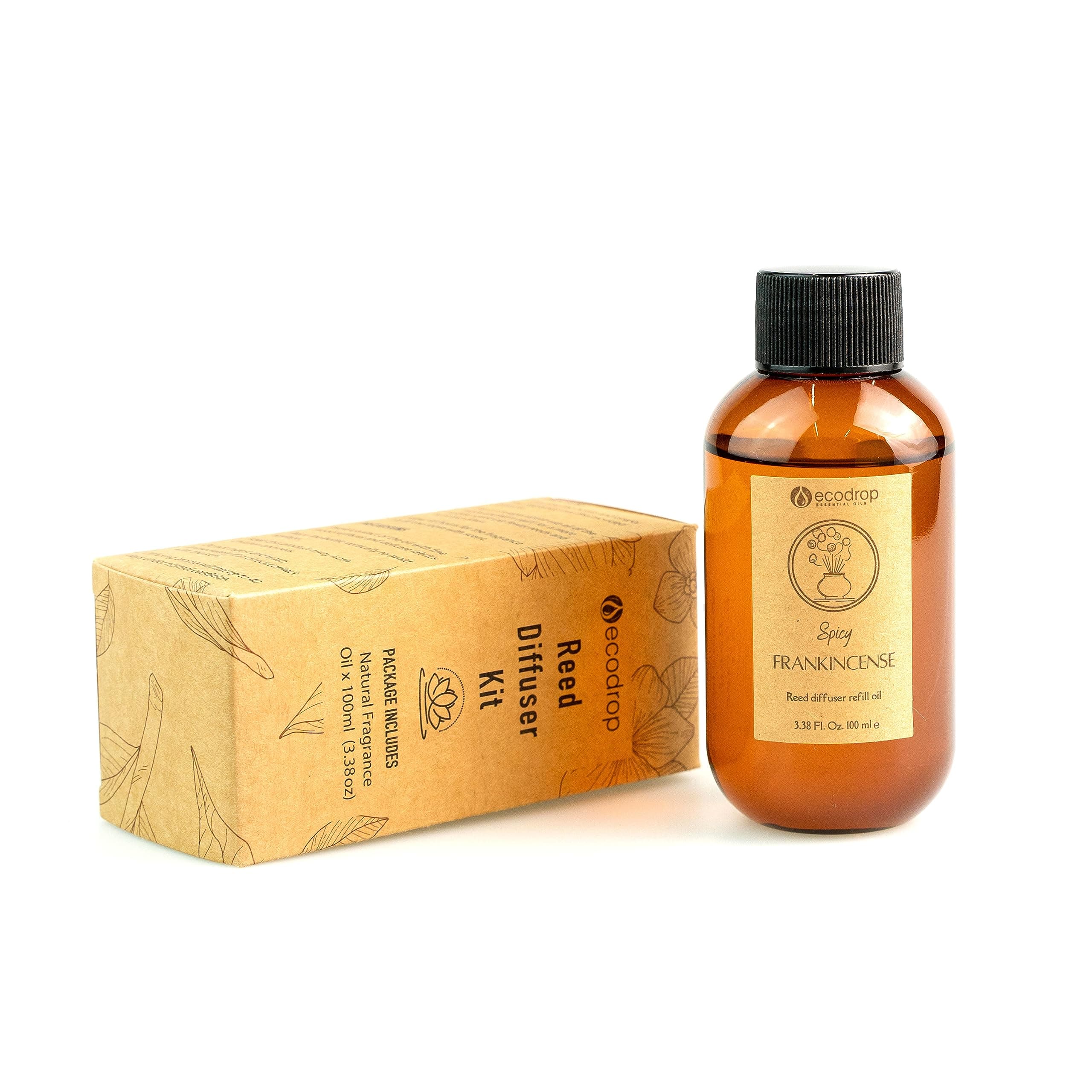 Ecodrop Frankincense Reed Diffuser Refill - 100ml Bottle | Relaxing Spice Scented Vegan Aromatherapy Fragrance Oil Reed Diffuser Refill | Eliminate Office & Home Kitchen, Bedroom & Bathroom Odours