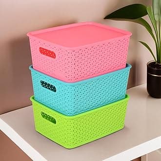 Kuber Industries 3 Pcs Stackable Plastic Storage Box with Lid | H5 Multi-Purpose Basket for Storage - Ideal Home Organizers for Baby Dress, Stationary, Medicine & Pooja Items | Multicolor