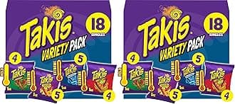 - Takis 18 pc / 1 oz Variety Pack, Assorted Flavored Mixed Rolled Tortilla Chips – (5) Fuego, (5) Blue Heat, (4) Nitro, (4) Crunchy Fajitas (Pack of 2)