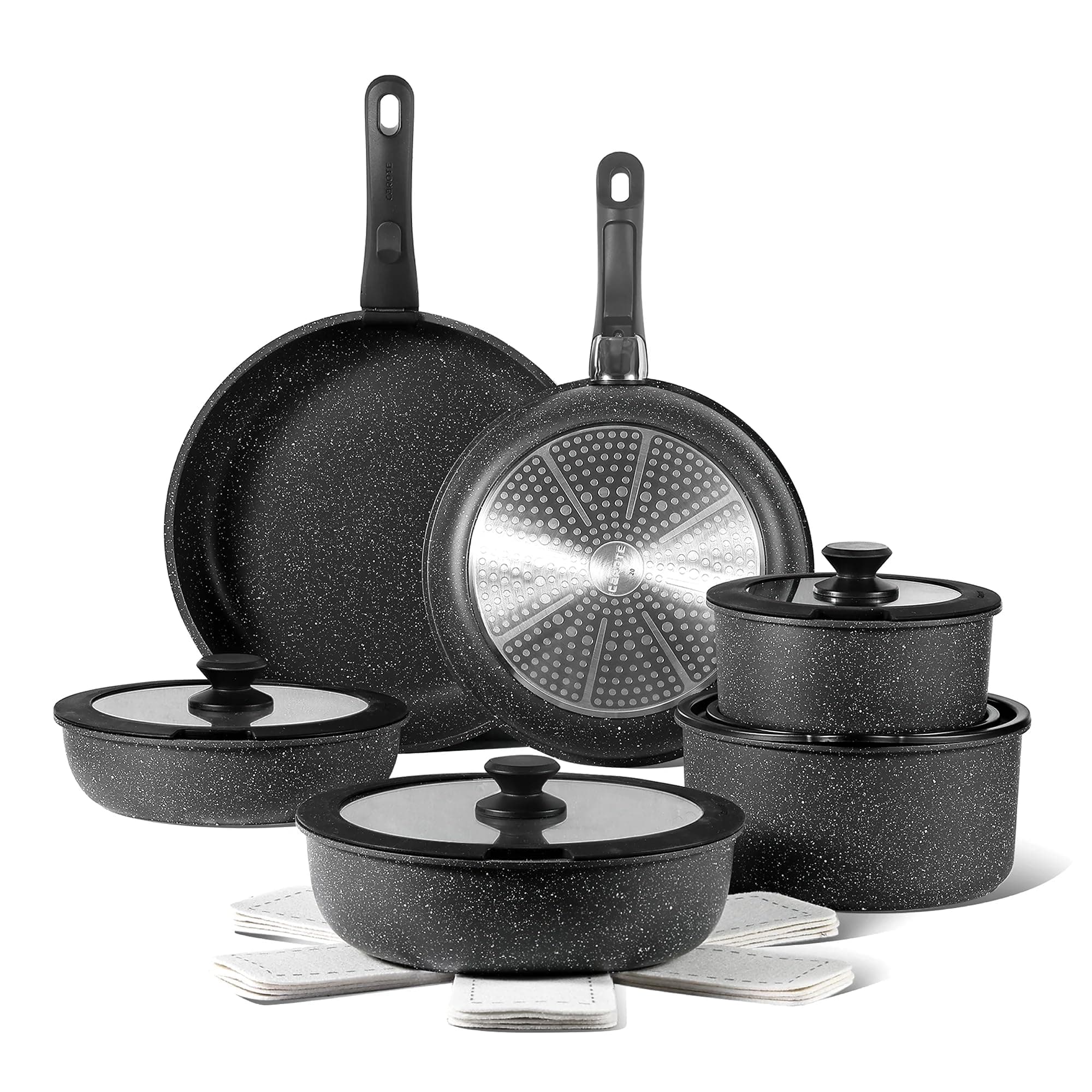 CAROTE 17pcs Pots and Pans Set Detachable Handle, Nonstick Cookware Set with Removable Handle,RV Kitchen Set, Oven Use, Camping Use, Ebony Granite
