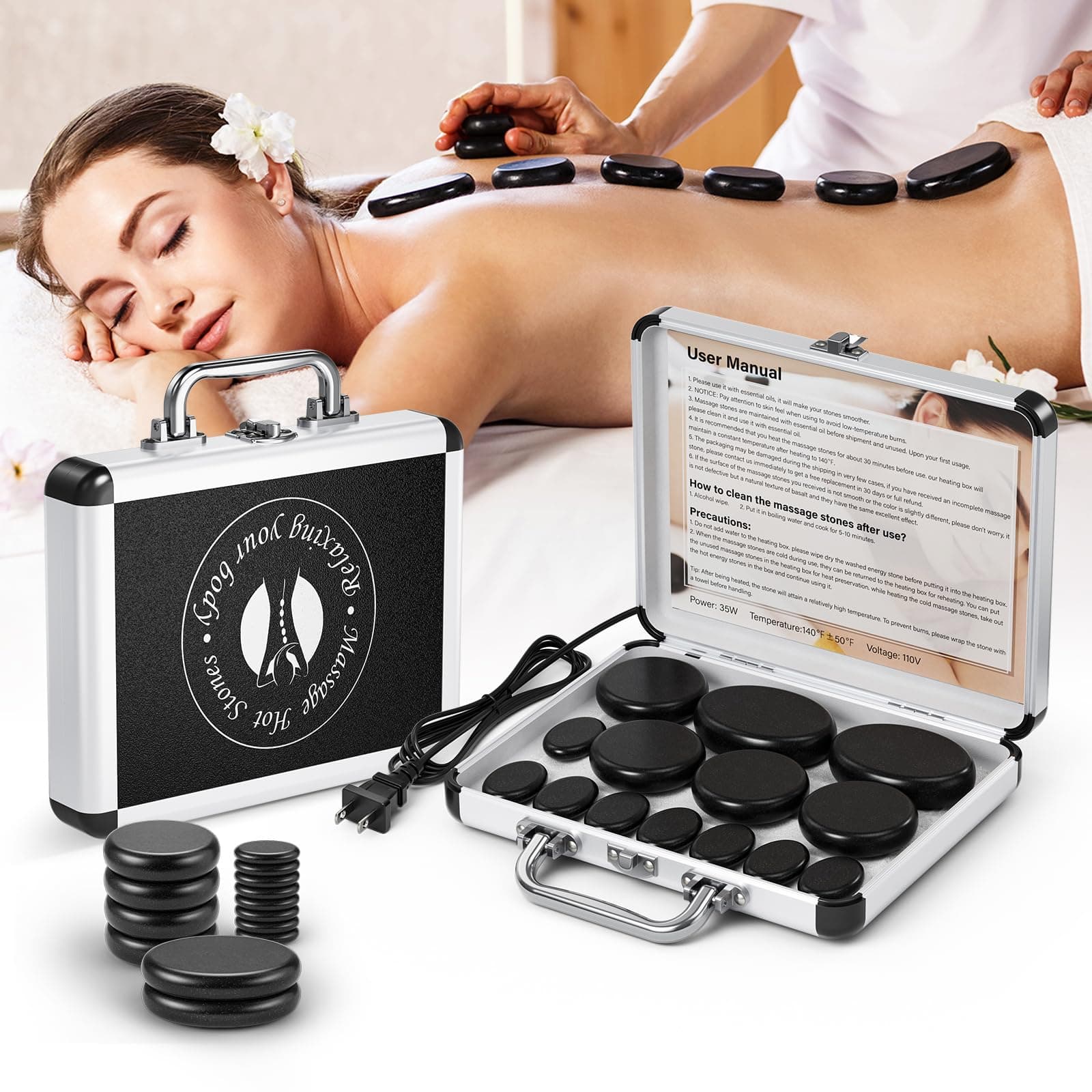 Hot Stones Massage Set, 14Pcs Basalt Portable Stone Kit with Warmer, Professional Rocks for Home Spa Warming Therapy Relaxing Pain Relief