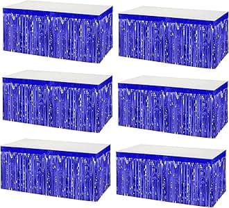 6 Pack 29x108 Inch Metallic Foil Fringe Tinsel Table Skirts Banner for Rectangle Tables Streamer Garland Curtains Backdrop for Wedding, Birthday, Parade Floats, Halloween Party Decoration(Blue)