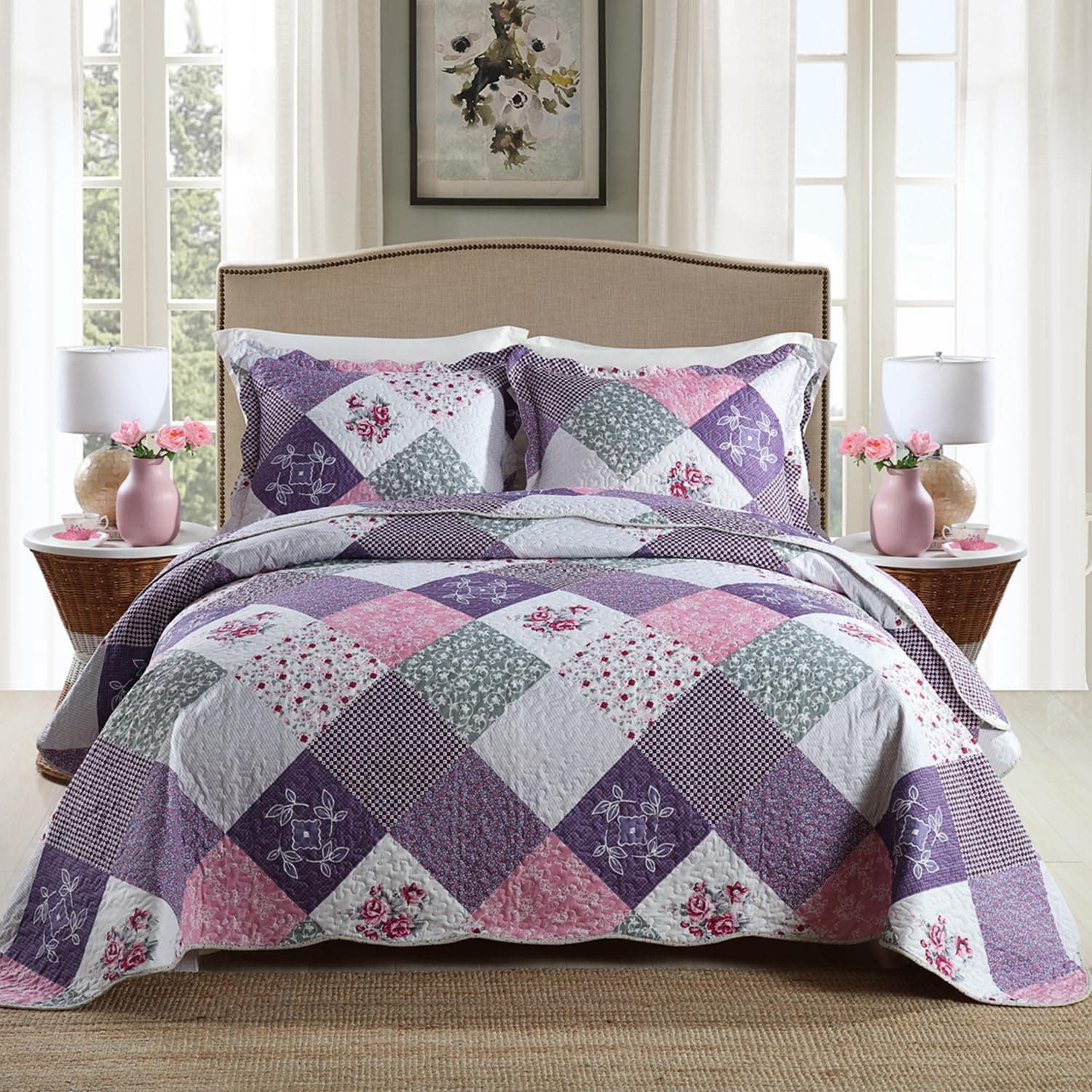 Qucover Purple Bedspread Superking Size, 3-Pieces Reversible Patchwork Bedspreads 250x270 with 2 Pillow Shams, Lightweight Microfiber Checkered Pattern Quilt Coverlets