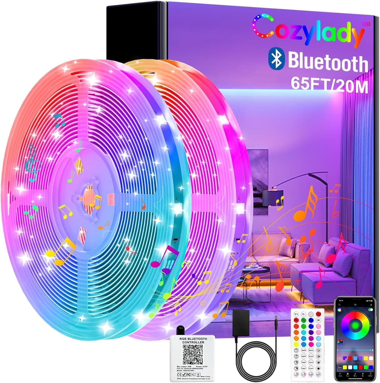 Bluetooth LED Strip Lights 20M/65.6FT, Cozylady LED Light Strips Controlled by Smart Phone APP, Music Sync LED Lights Strip for Bedroom Decor, Room Decor, Children's Room